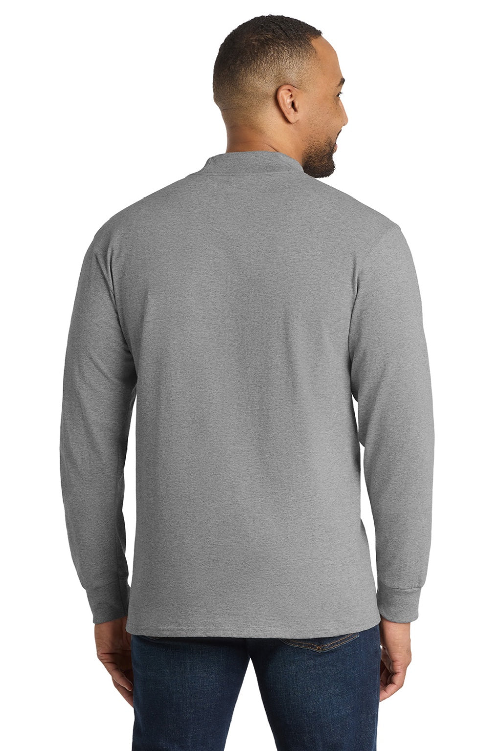 Port & Company PC61M Mens Essential Long Sleeve Mock Neck T-Shirt Heather Grey Model Back
