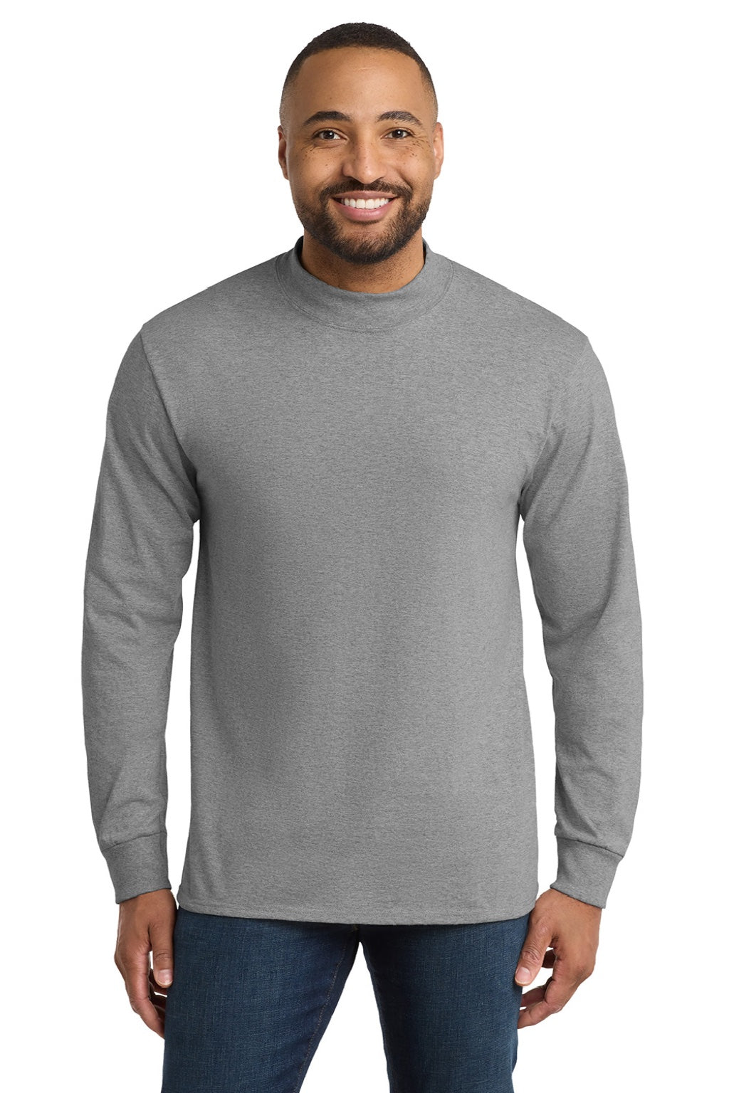 Port & Company PC61M Mens Essential Long Sleeve Mock Neck T-Shirt Heather Grey Model Front