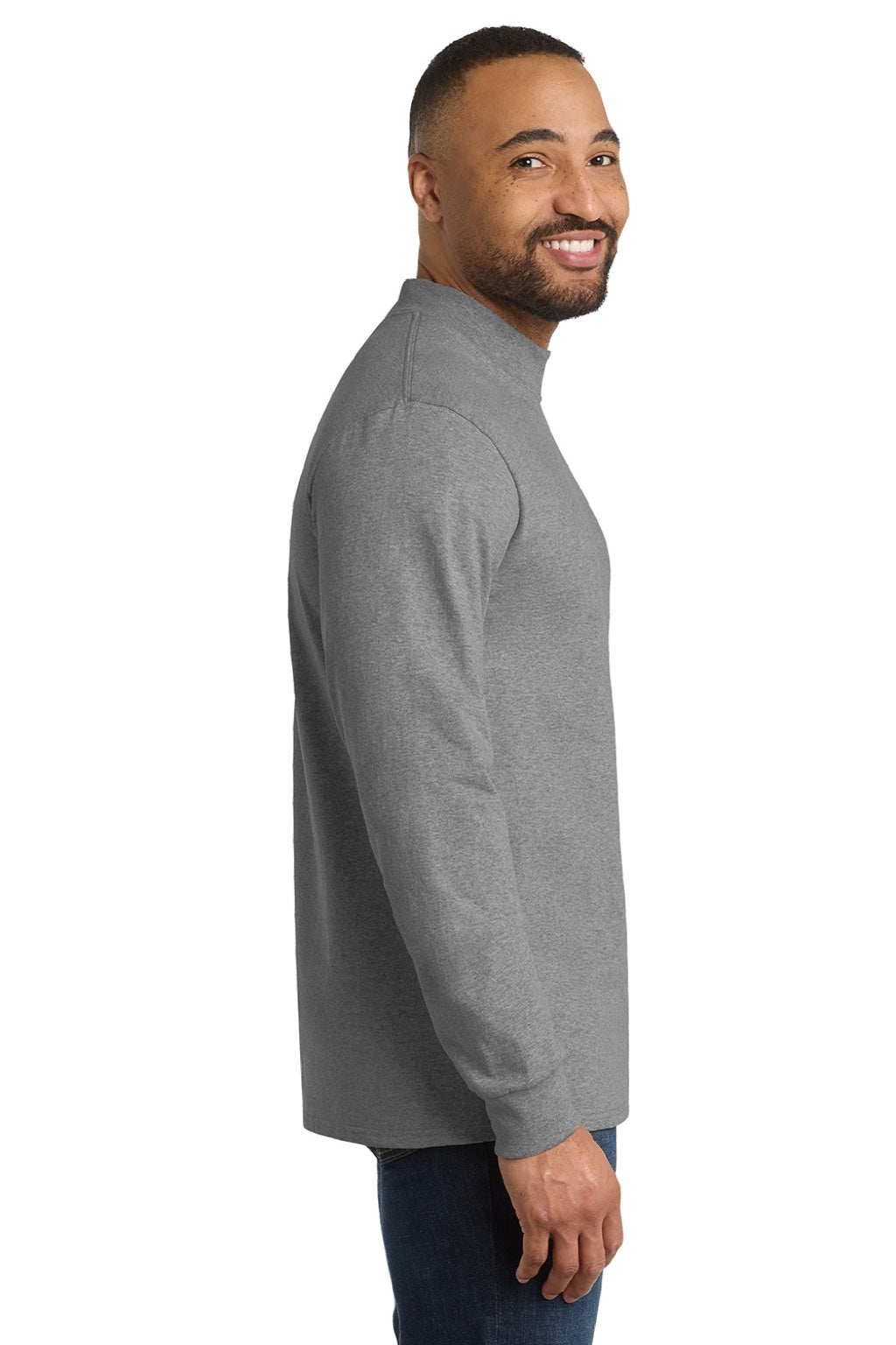 Port & Company PC61M Mens Essential Long Sleeve Mock Neck T-Shirt Heather Grey Model Side