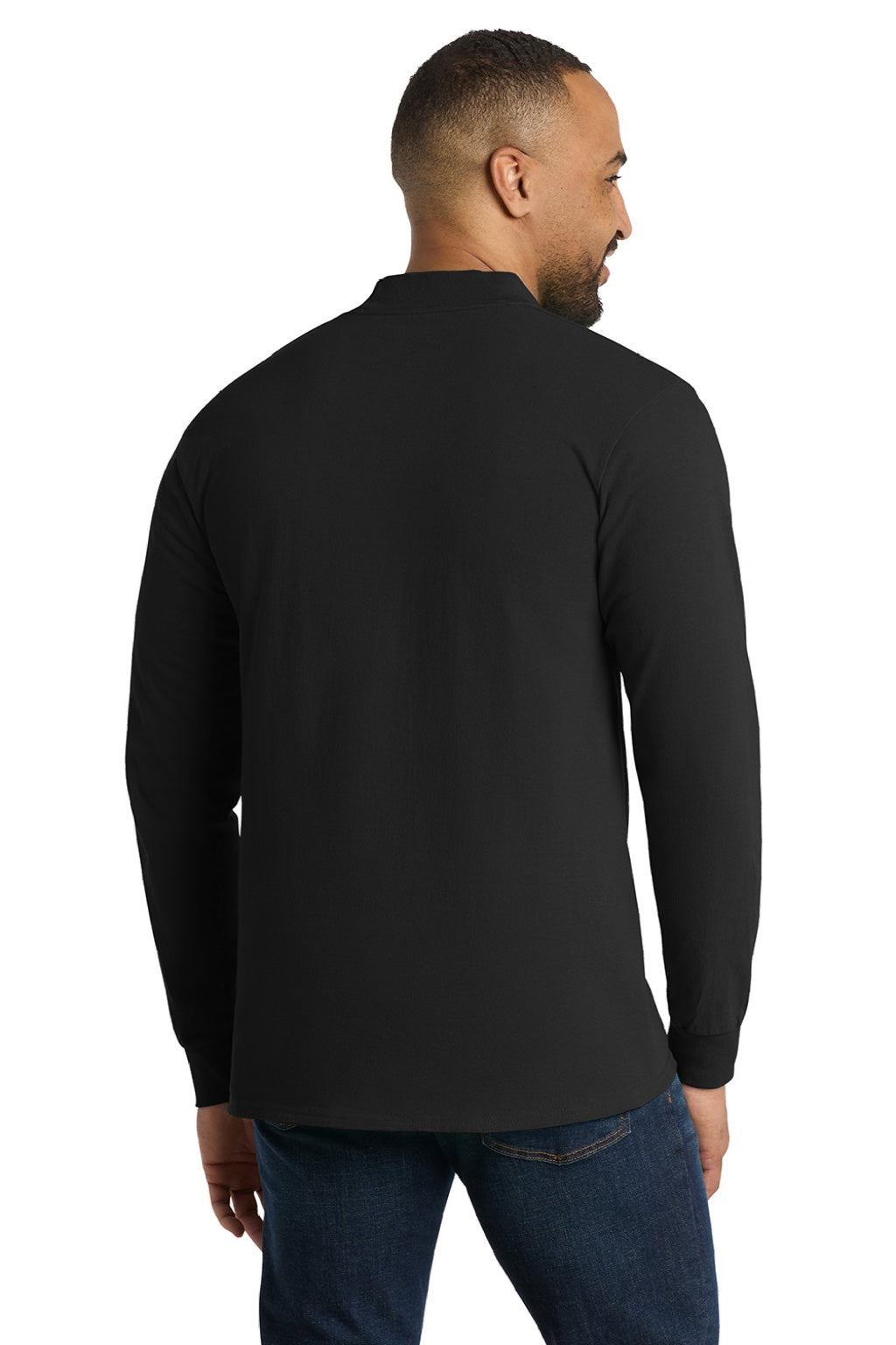 Port & Company PC61M Mens Essential Long Sleeve Mock Neck T-Shirt Jet Black Model Back
