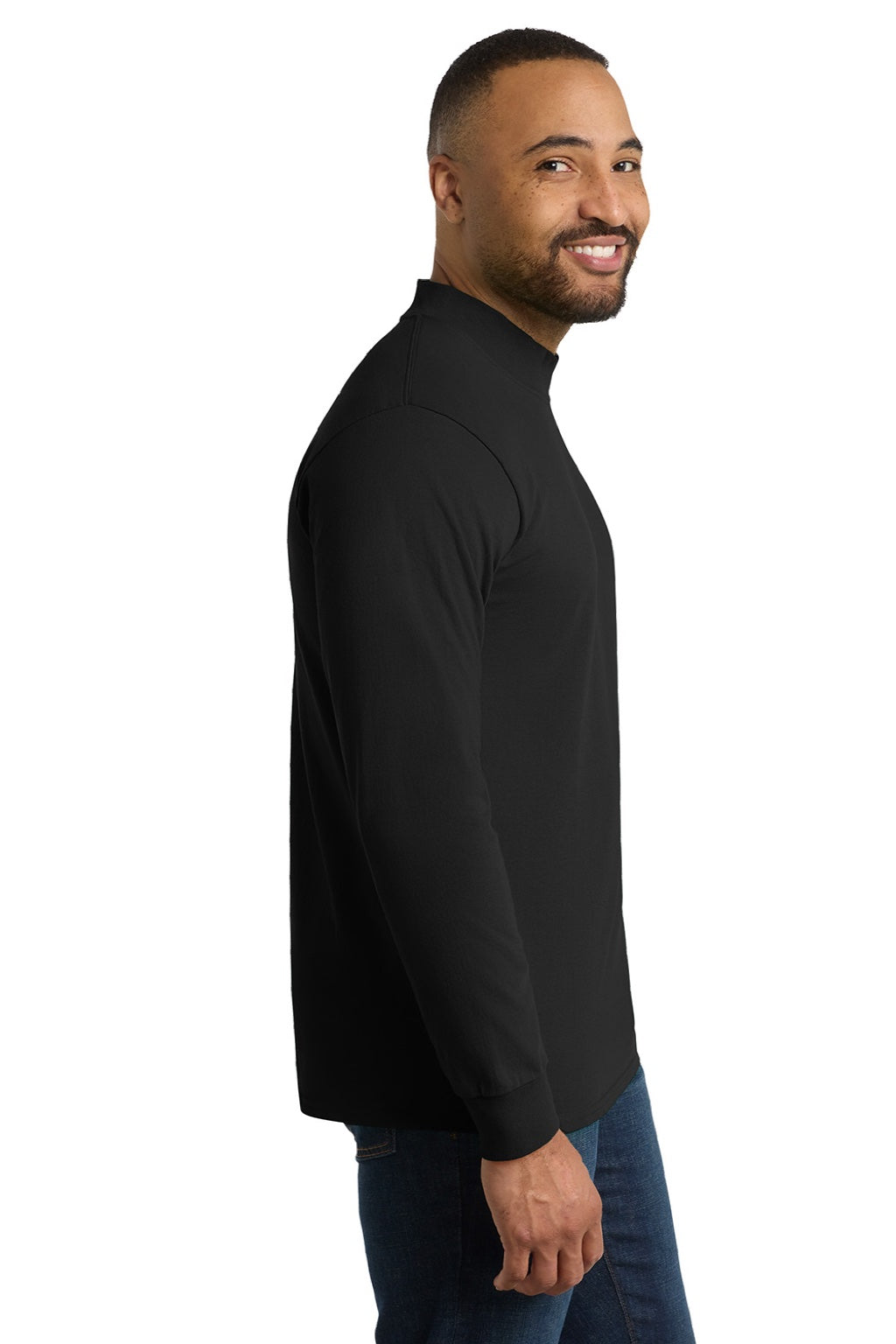 Port & Company PC61M Mens Essential Long Sleeve Mock Neck T-Shirt Jet Black Model Side