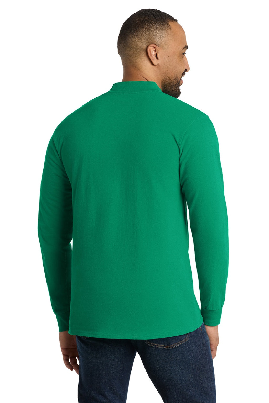 Port & Company PC61M Mens Essential Long Sleeve Mock Neck T-Shirt Kelly Green Model Back