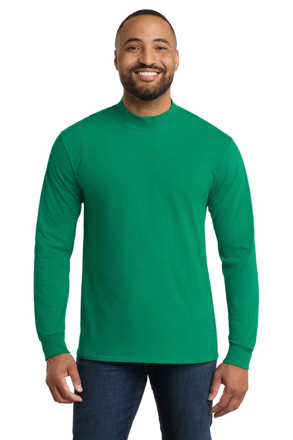 Port & Company PC61M Mens Essential Long Sleeve Mock Neck T-Shirt Kelly Green Model Front