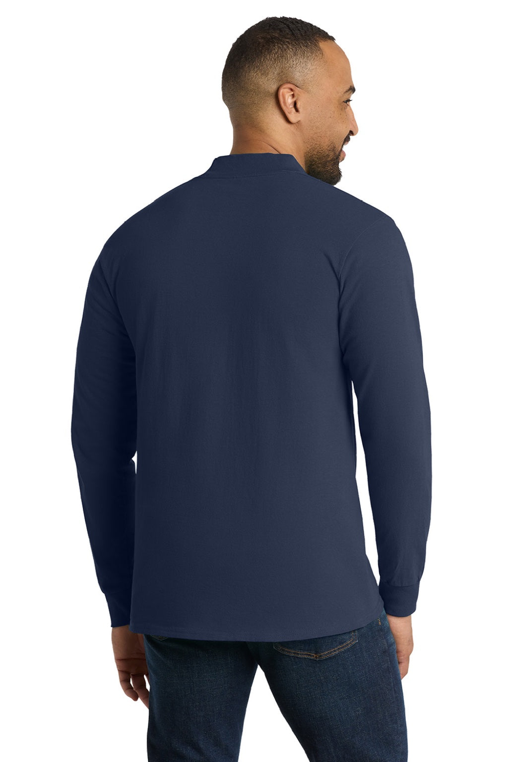 Port & Company PC61M Mens Essential Long Sleeve Mock Neck T-Shirt Navy Blue Model Back