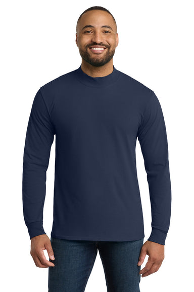 Port & Company PC61M Mens Essential Long Sleeve Mock Neck T-Shirt Navy Blue Model Front