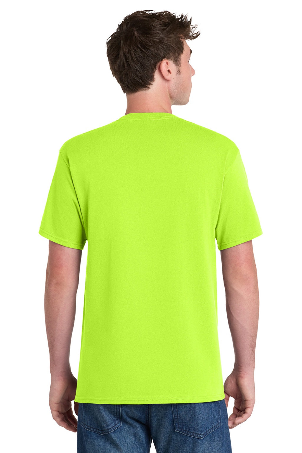 Port & Company PC61P/PC61PT Mens Essential Short Sleeve Crewneck T-Shirt w/ Pocket Safety Green Model Back