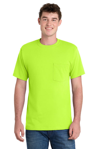 Port & Company PC61P/PC61PT Mens Essential Short Sleeve Crewneck T-Shirt w/ Pocket Safety Green Model Front