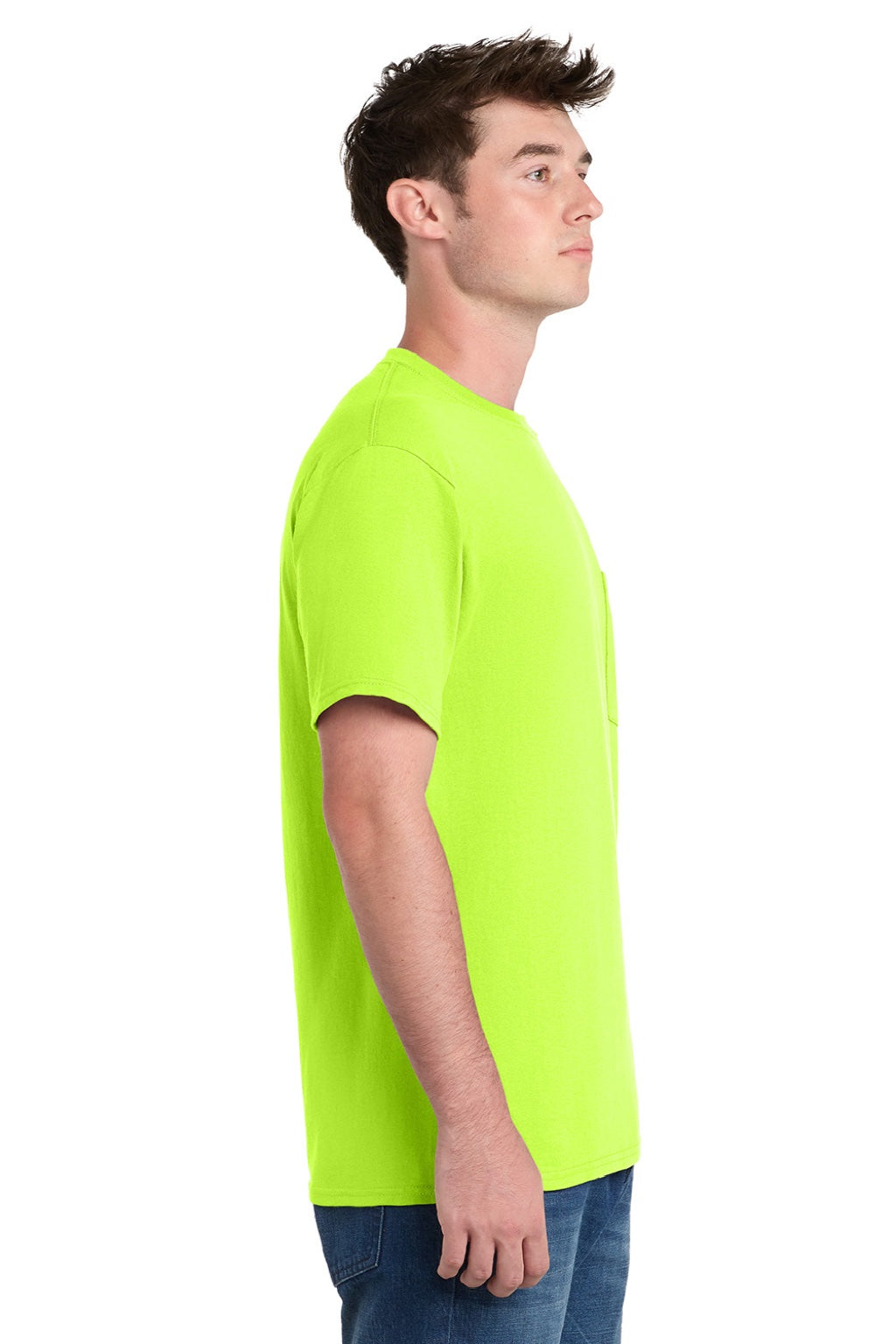 Port & Company PC61P/PC61PT Mens Essential Short Sleeve Crewneck T-Shirt w/ Pocket Safety Green Model Side