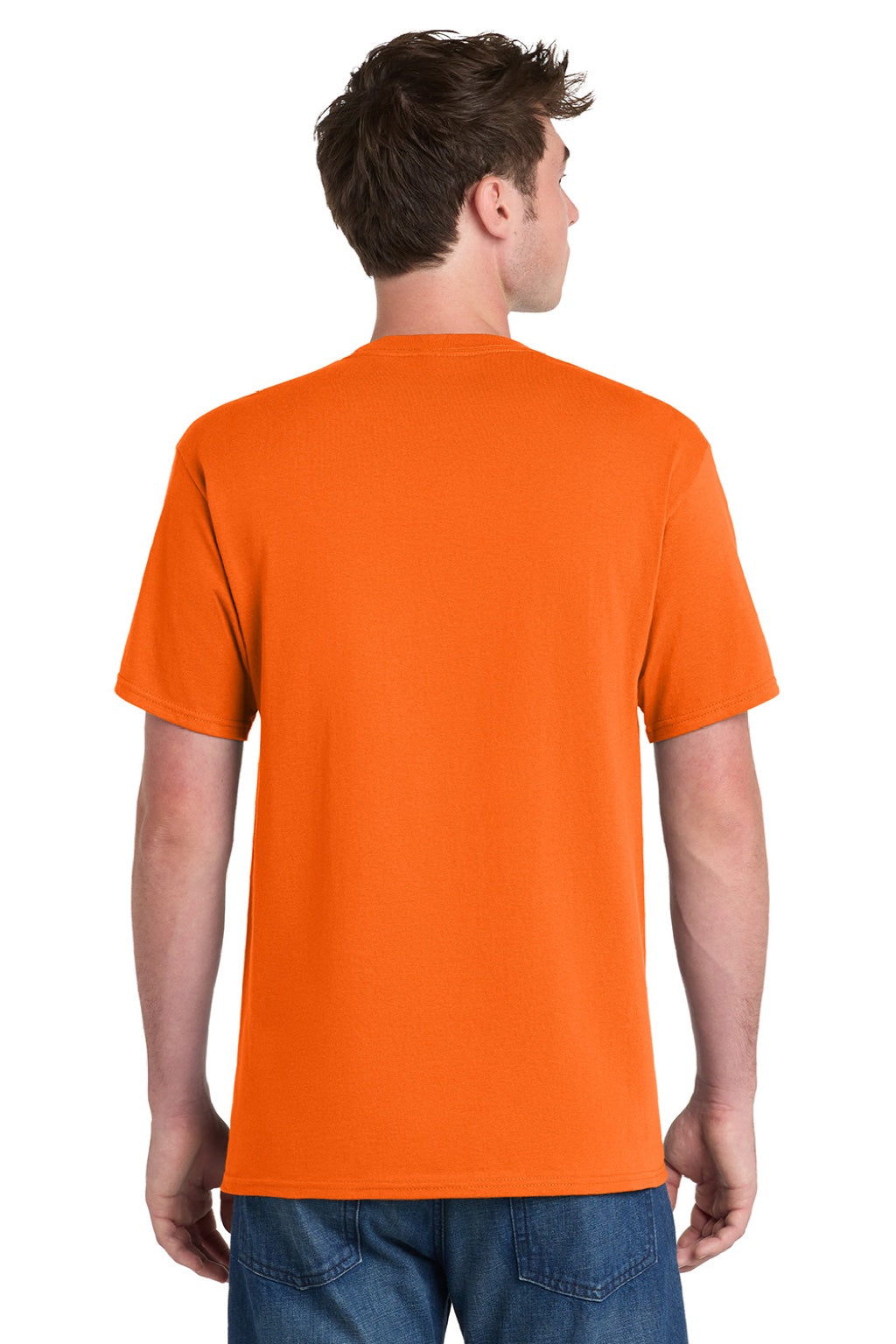 Port & Company PC61P/PC61PT Mens Essential Short Sleeve Crewneck T-Shirt w/ Pocket Safety Orange Model Back