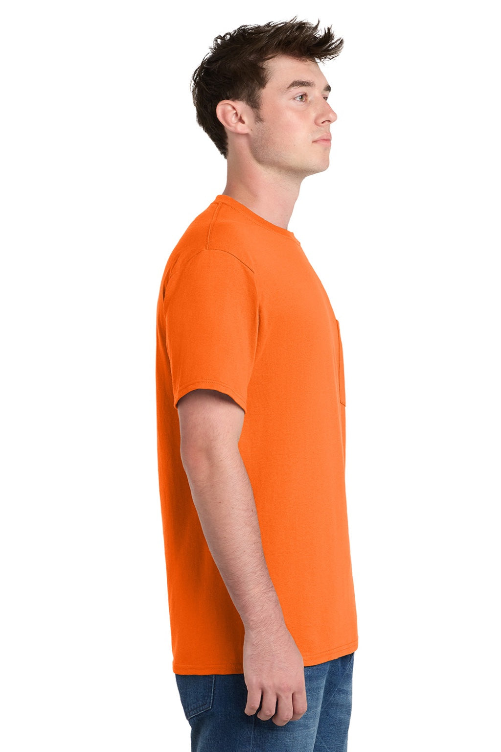 Port & Company PC61P/PC61PT Mens Essential Short Sleeve Crewneck T-Shirt w/ Pocket Safety Orange Model Side