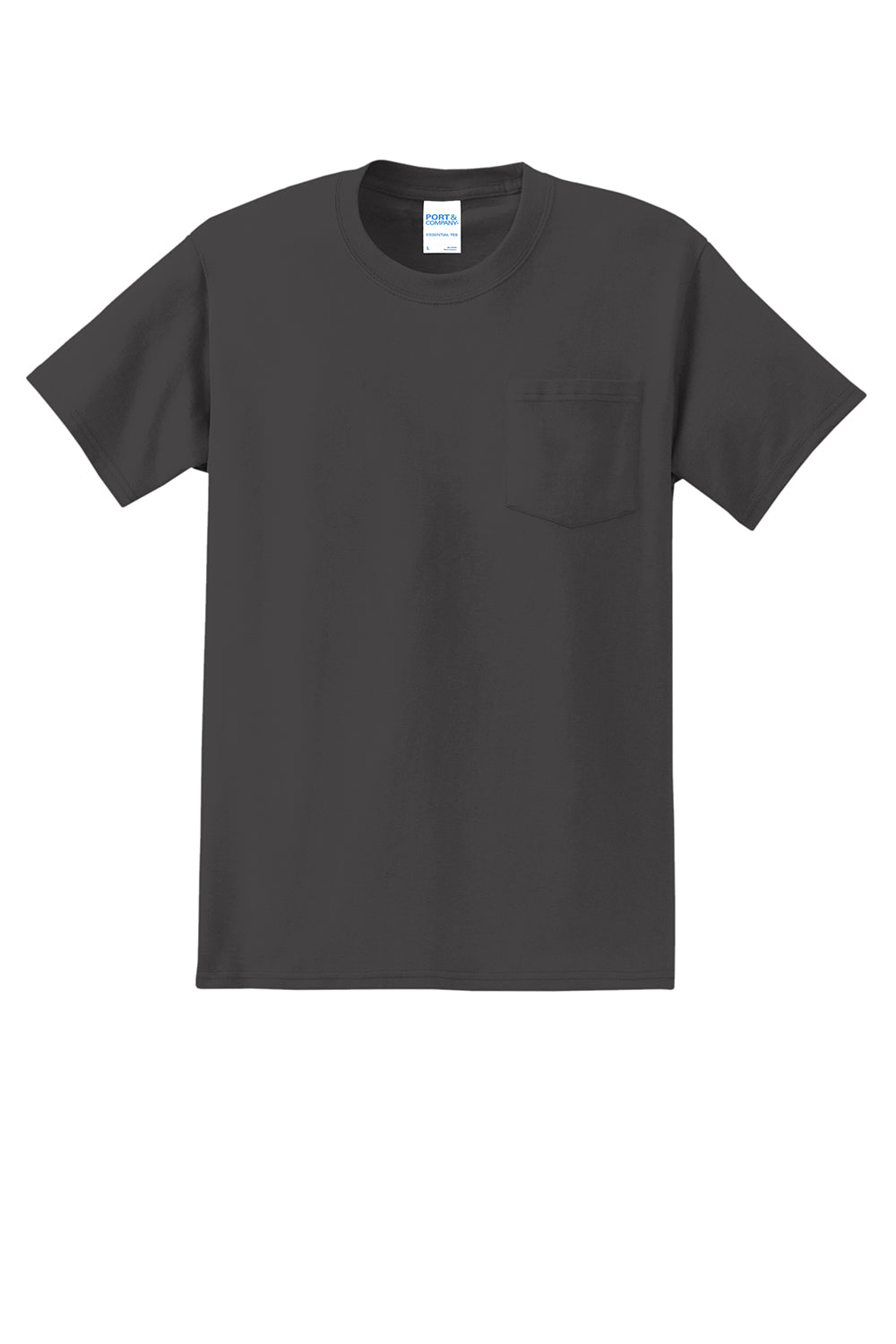 Port & Company PC61P/PC61PT Mens Essential Short Sleeve Crewneck T-Shirt w/ Pocket Charcoal Grey Flat Front