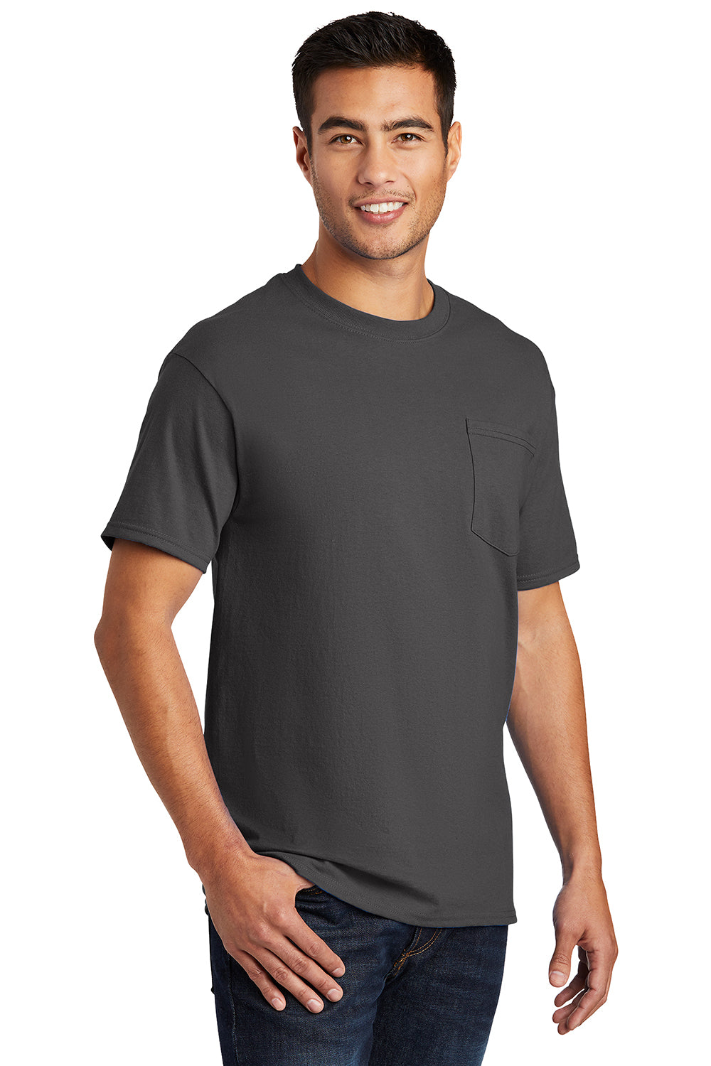 Port & Company PC61P/PC61PT Mens Essential Short Sleeve Crewneck T-Shirt w/ Pocket Charcoal Grey Model 3q
