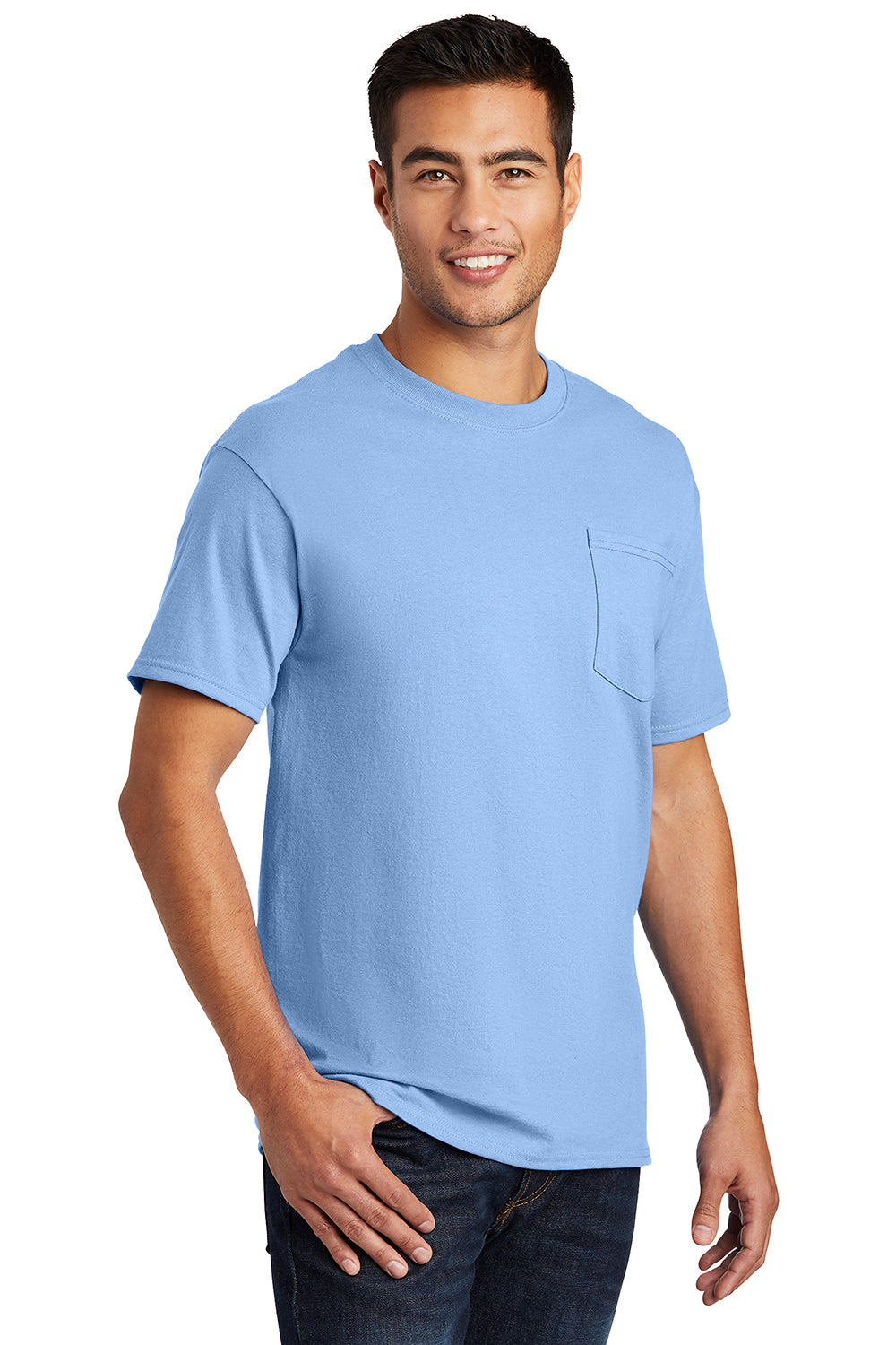 Port & Company PC61P/PC61PT Mens Essential Short Sleeve Crewneck T-Shirt w/ Pocket Light Blue Model 3q