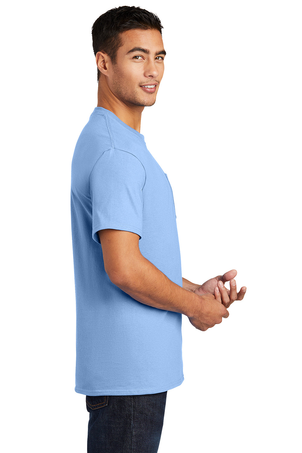Port & Company PC61P/PC61PT Mens Essential Short Sleeve Crewneck T-Shirt w/ Pocket Light Blue Model Side