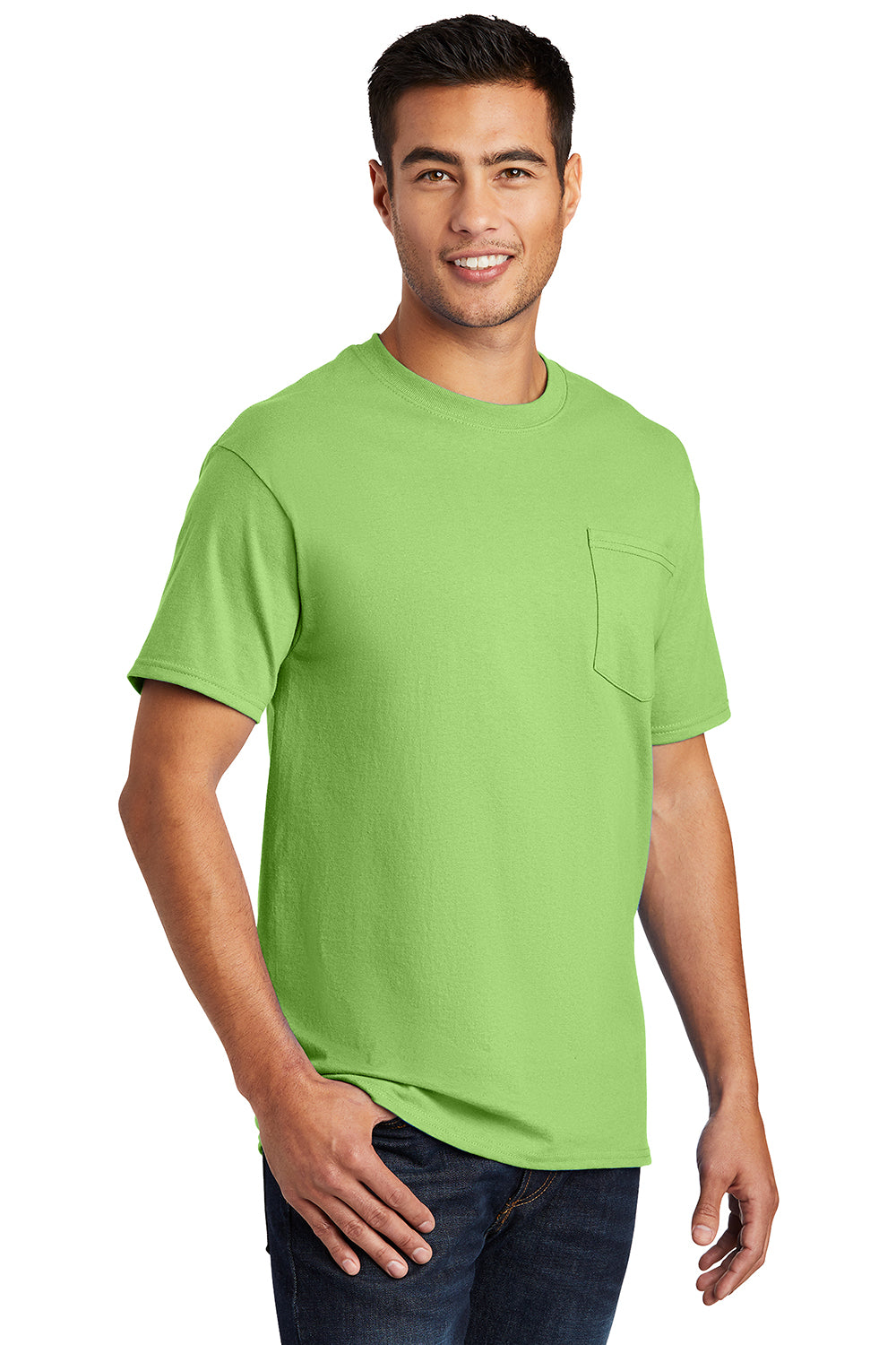 Port & Company PC61P/PC61PT Mens Essential Short Sleeve Crewneck T-Shirt w/ Pocket Lime Green Model 3q