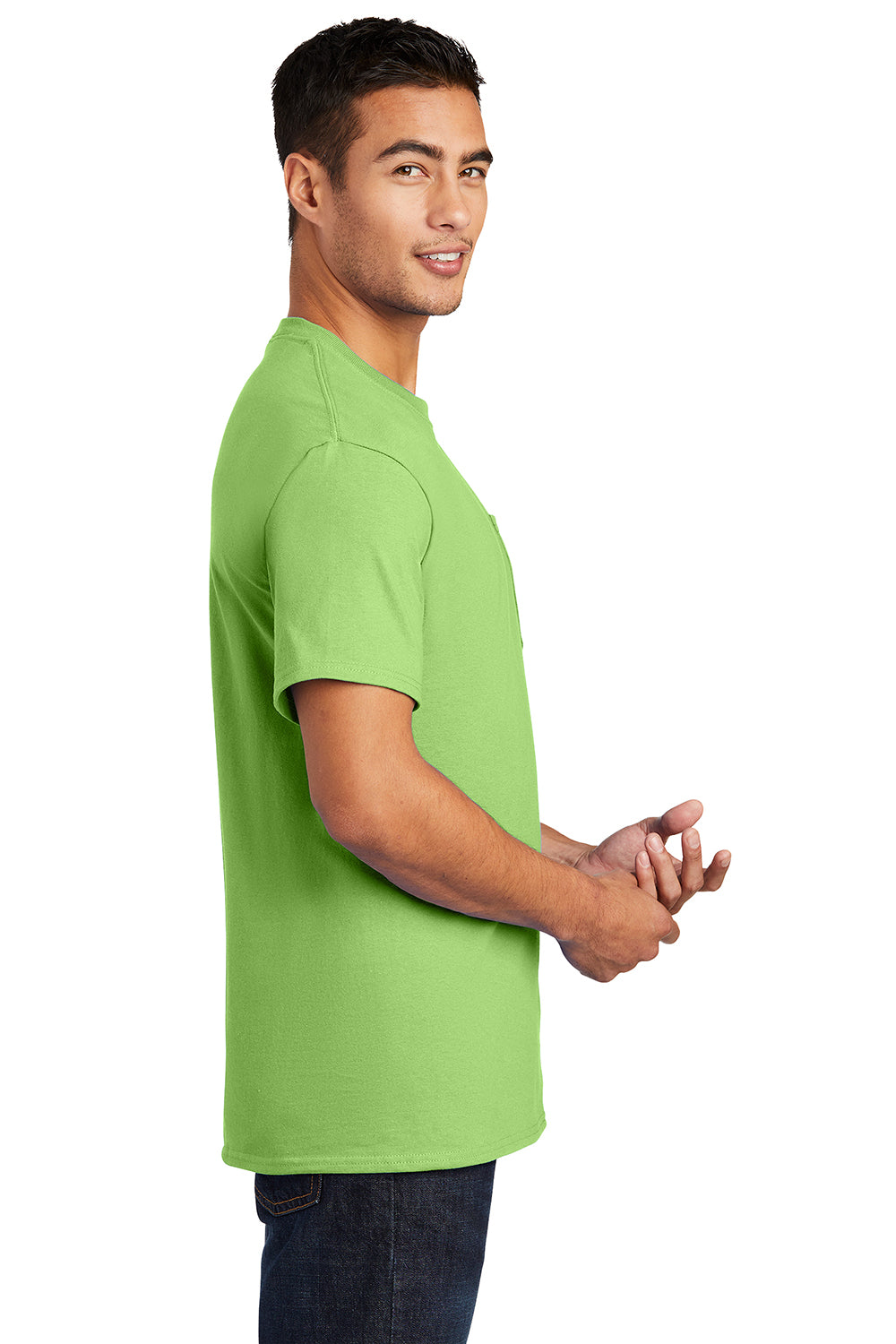 Port & Company PC61P/PC61PT Mens Essential Short Sleeve Crewneck T-Shirt w/ Pocket Lime Green Model Side