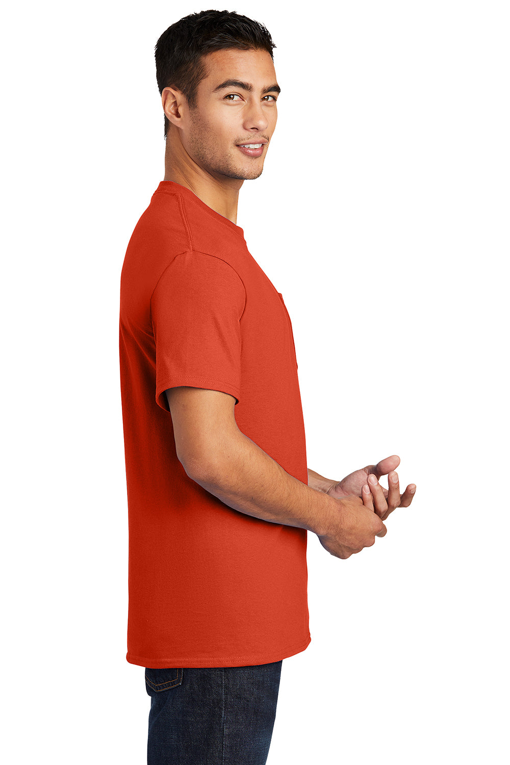 Port & Company PC61P/PC61PT Mens Essential Short Sleeve Crewneck T-Shirt w/ Pocket Orange Model Side