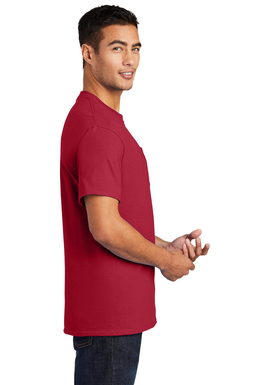 Port & Company PC61P/PC61PT Mens Essential Short Sleeve Crewneck T-Shirt w/ Pocket Red Model Side