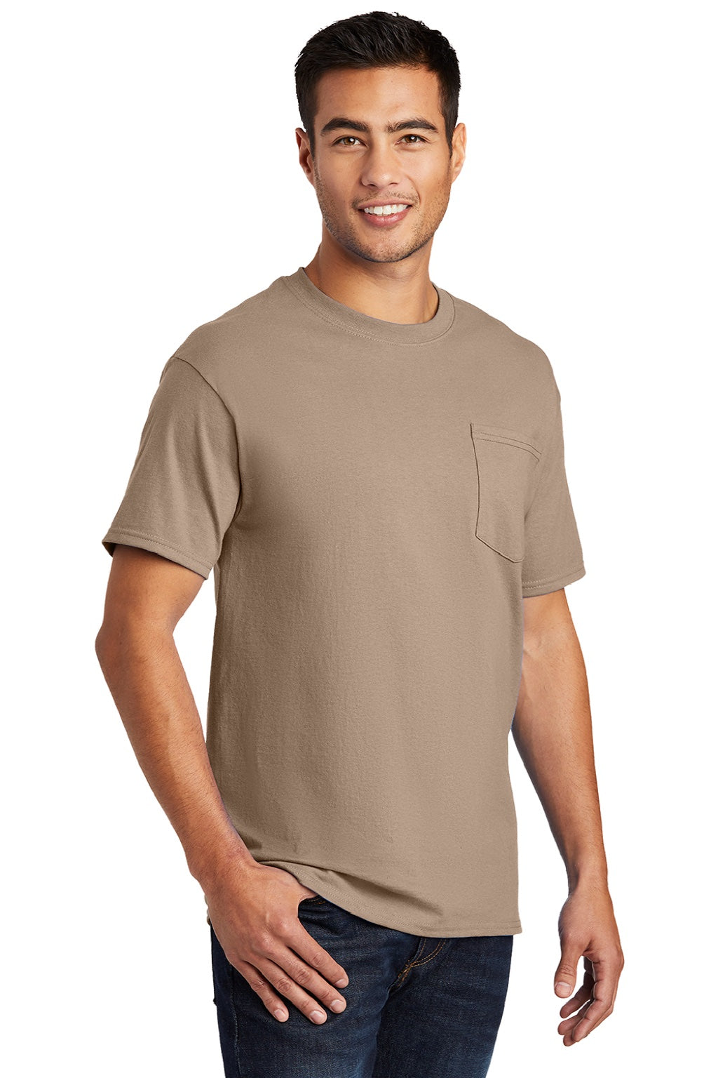 Port & Company PC61P/PC61PT Mens Essential Short Sleeve Crewneck T-Shirt w/ Pocket Sand Brown Model 3q