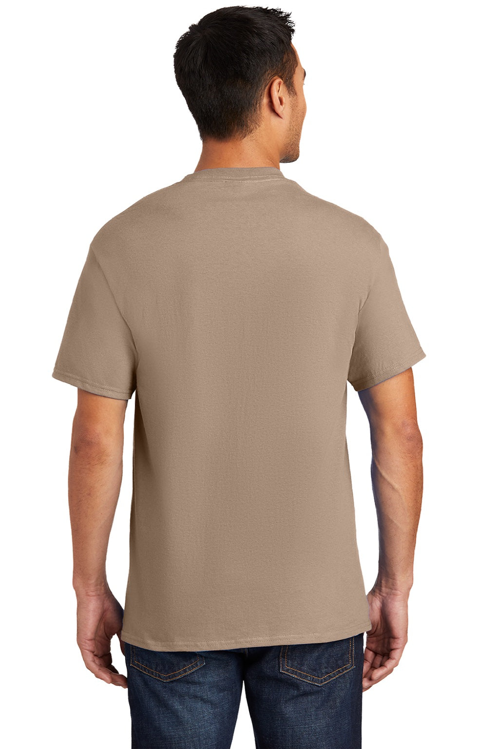 Port & Company PC61P/PC61PT Mens Essential Short Sleeve Crewneck T-Shirt w/ Pocket Sand Brown Model Back