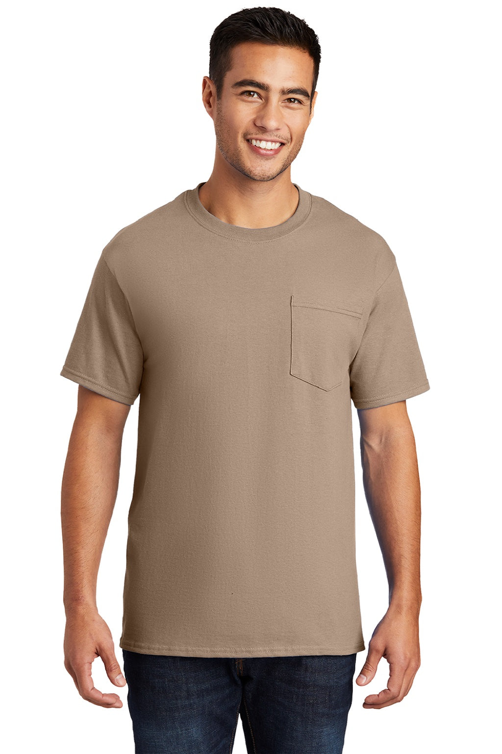 Port & Company PC61P/PC61PT Mens Essential Short Sleeve Crewneck T-Shirt w/ Pocket Sand Brown Model Front