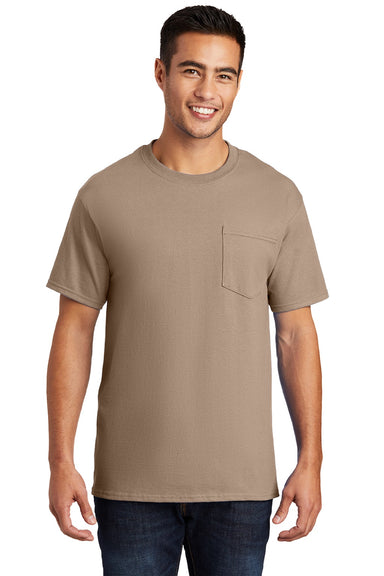 Port & Company PC61P/PC61PT Mens Essential Short Sleeve Crewneck T-Shirt w/ Pocket Sand Brown Model Front