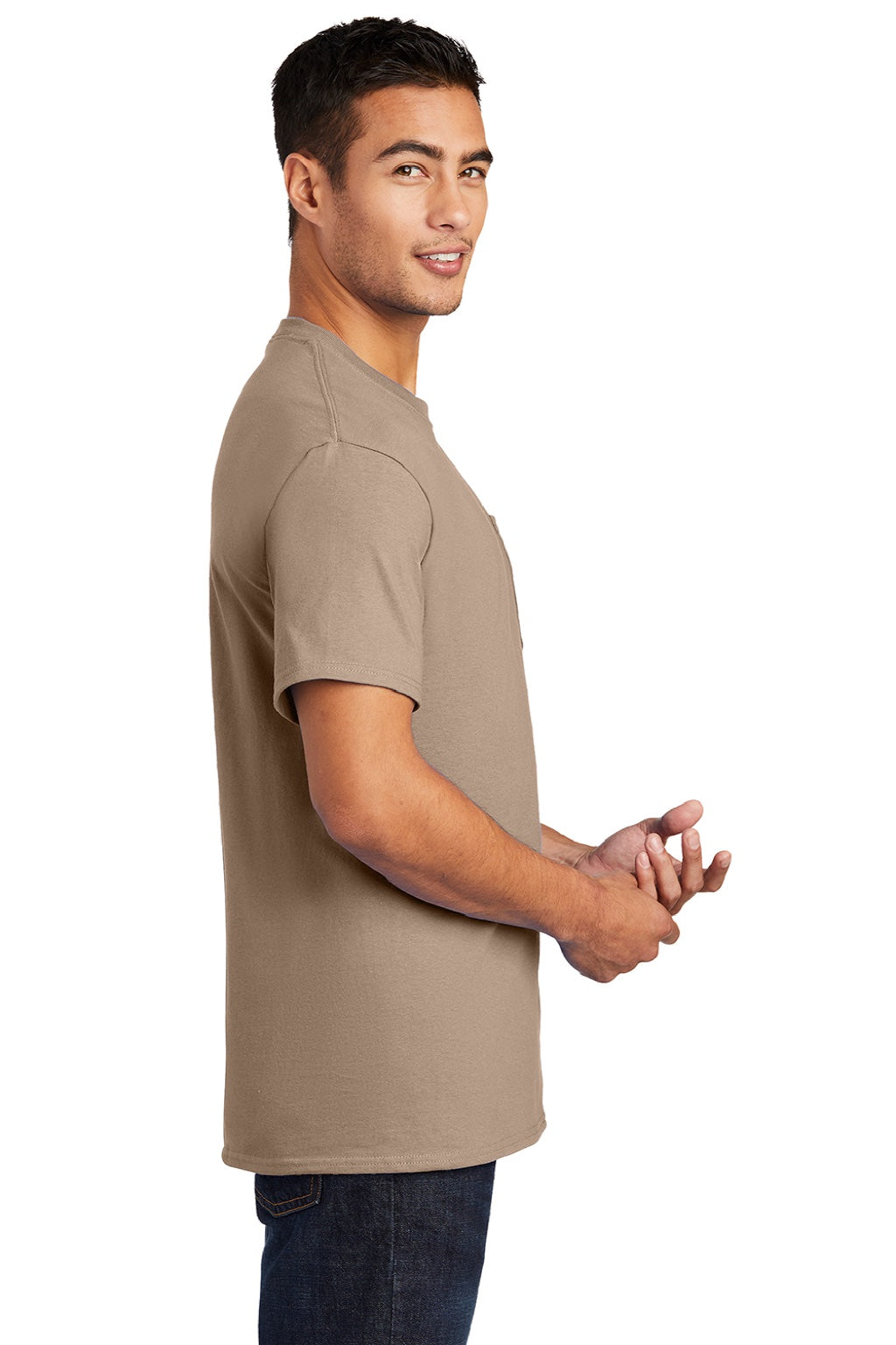 Port & Company PC61P/PC61PT Mens Essential Short Sleeve Crewneck T-Shirt w/ Pocket Sand Brown Model Side