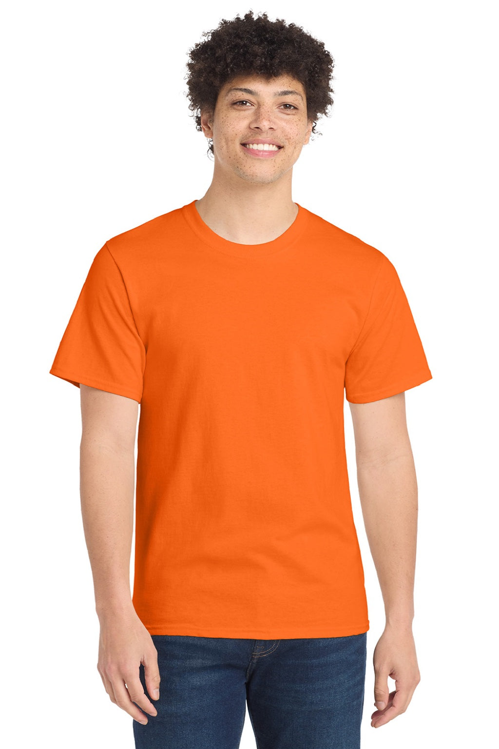 Port & Company PC61/PC61T Mens Essential Short Sleeve Crewneck T-Shirt Safety Orange Model Front