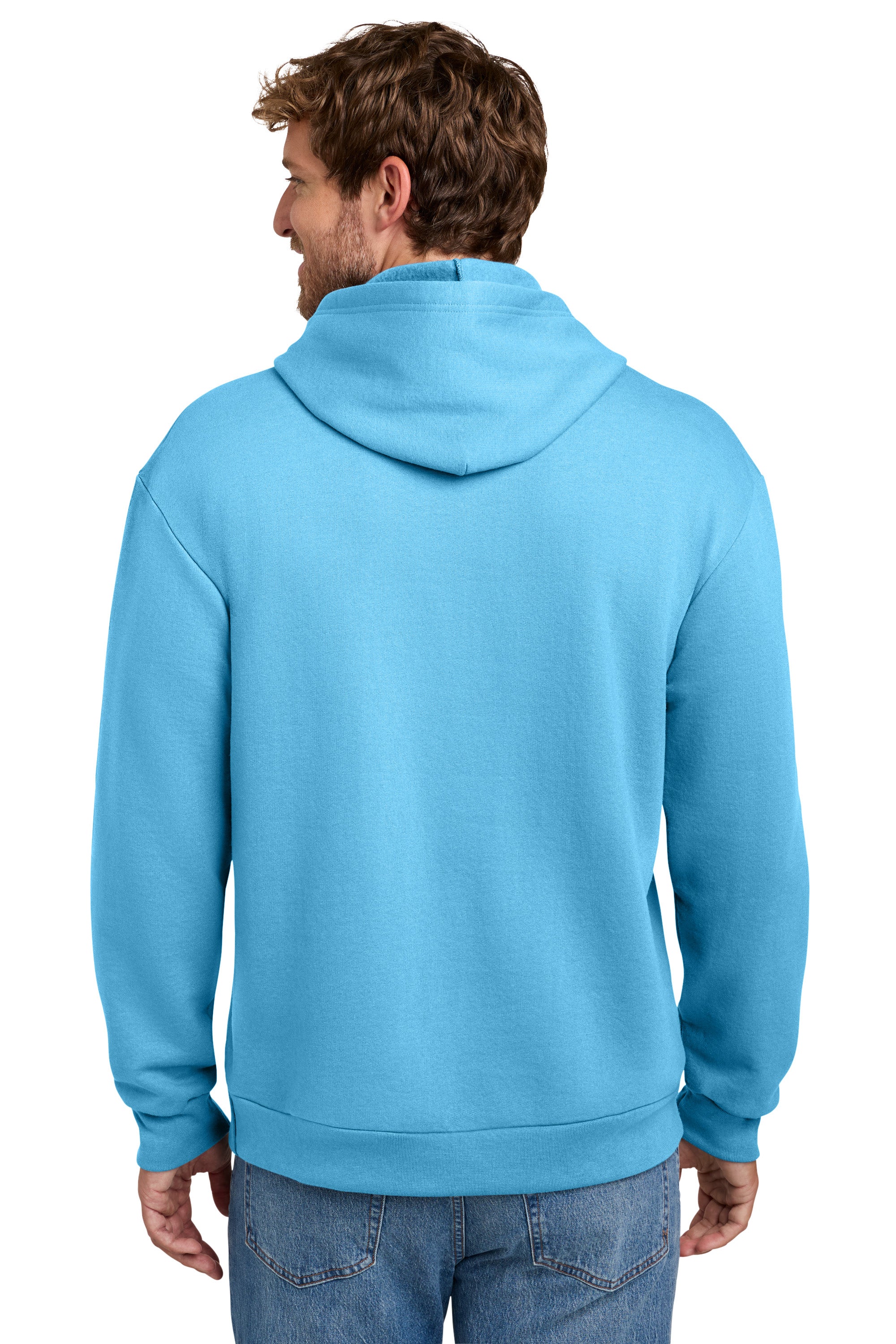 Port & Company PC68H Mens Easy Fleece Hooded Sweatshirt Hoodie w/ Pouch Pocket Aquatic Blue Model Back