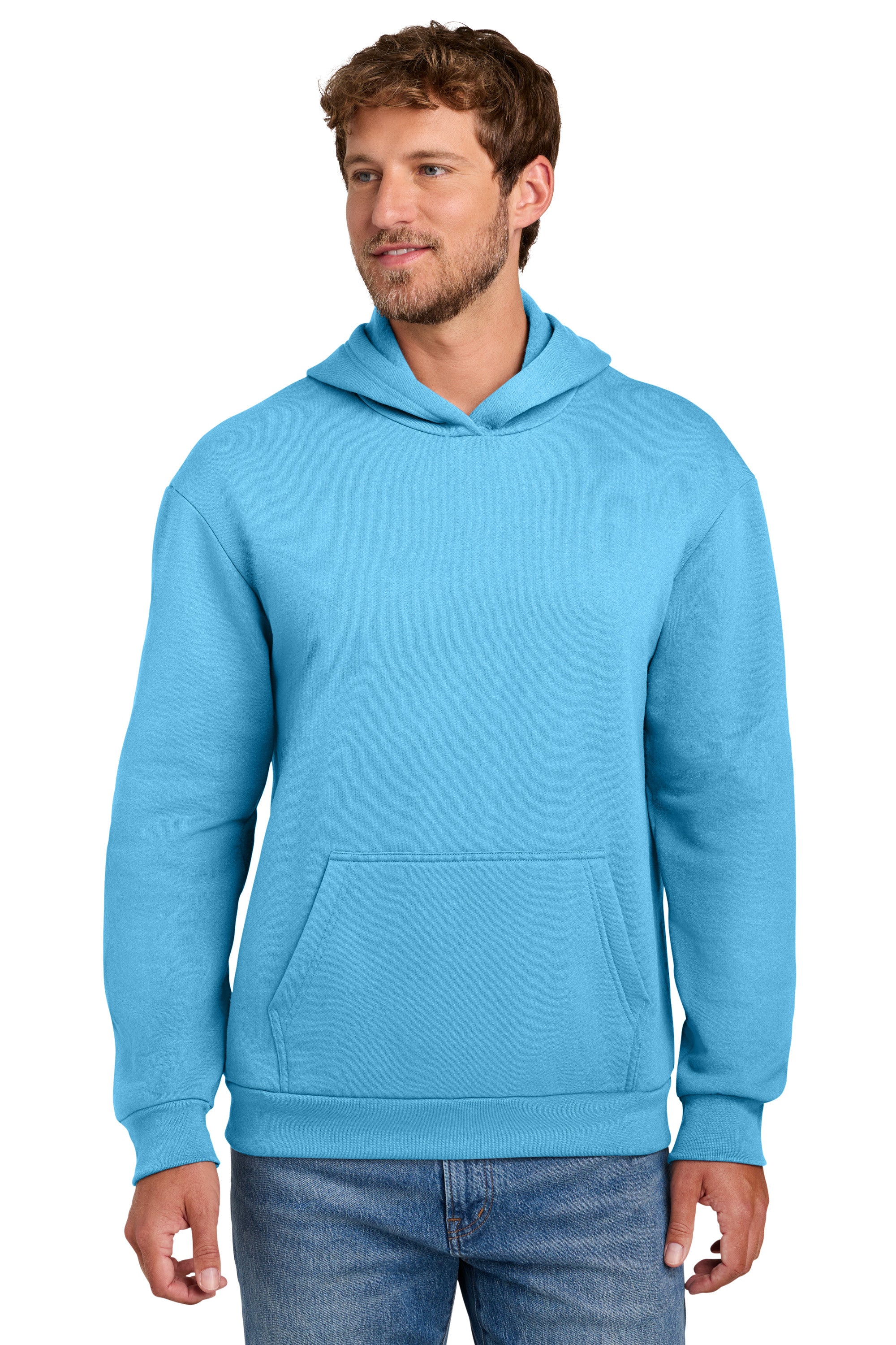 Port & Company PC68H Mens Easy Fleece Hooded Sweatshirt Hoodie w/ Pouch Pocket Aquatic Blue Model Front