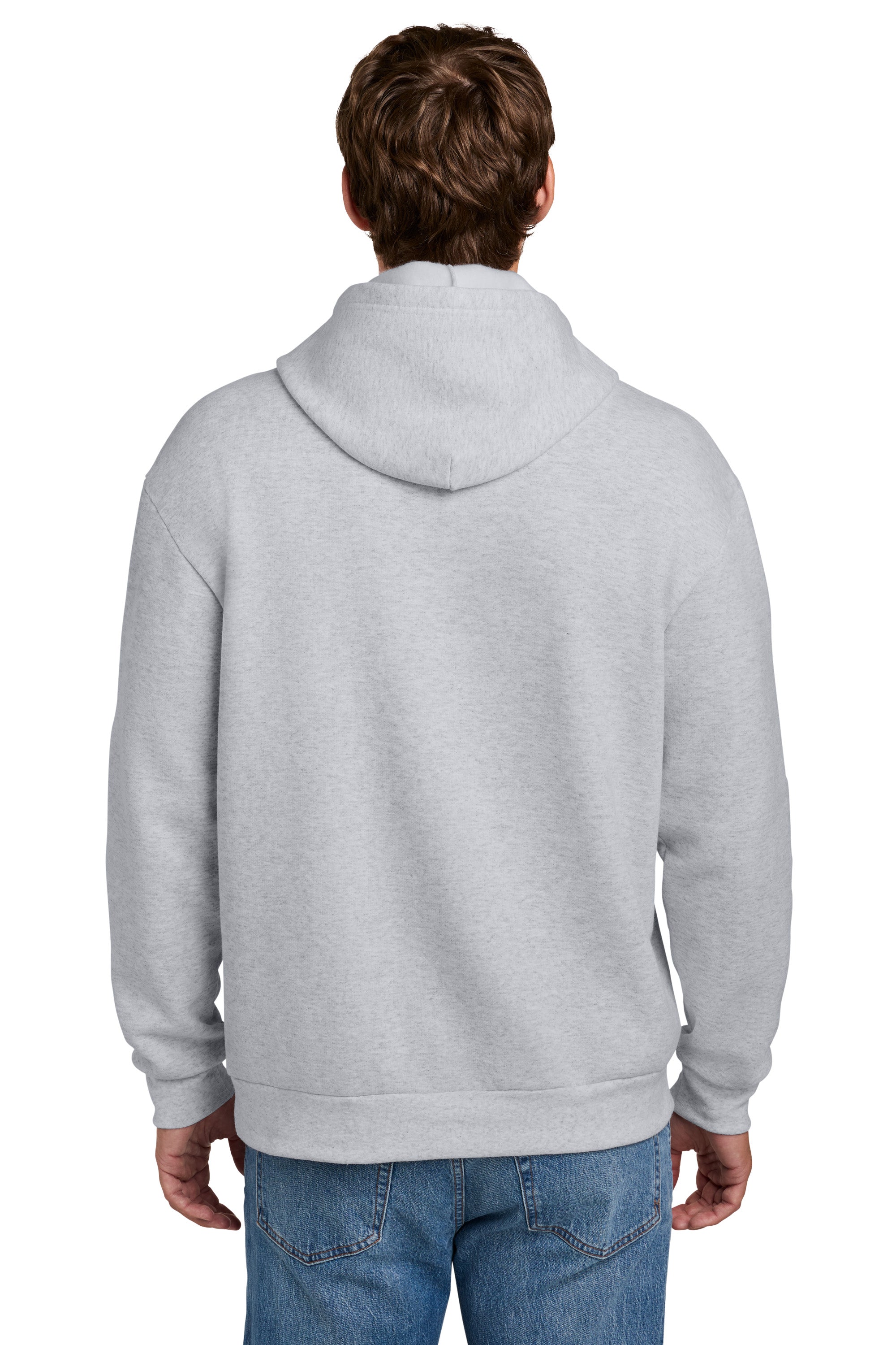 Port & Company PC68H Mens Easy Fleece Hooded Sweatshirt Hoodie w/ Pouch Pocket Ash Grey Model Back
