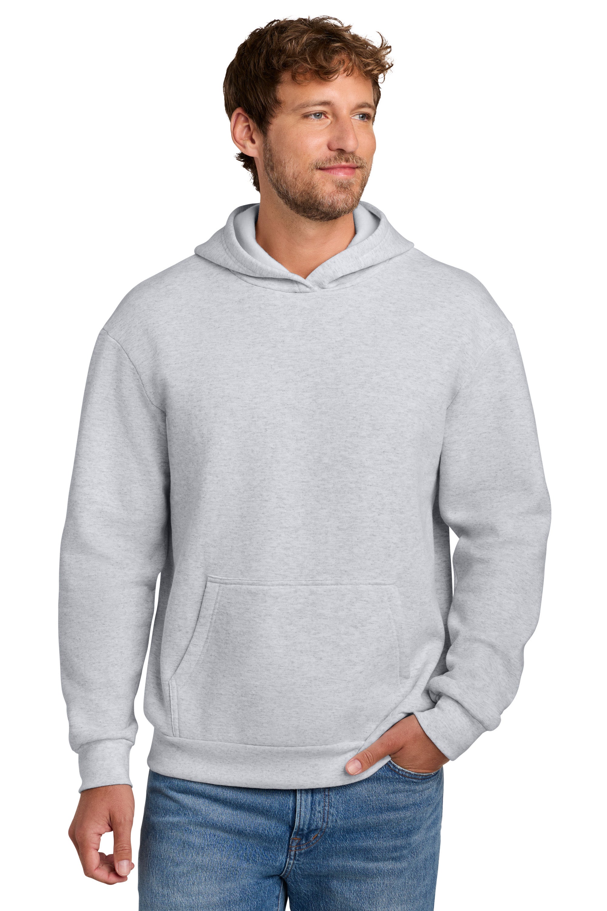 Port & Company PC68H Mens Easy Fleece Hooded Sweatshirt Hoodie w/ Pouch Pocket Ash Grey Model Front