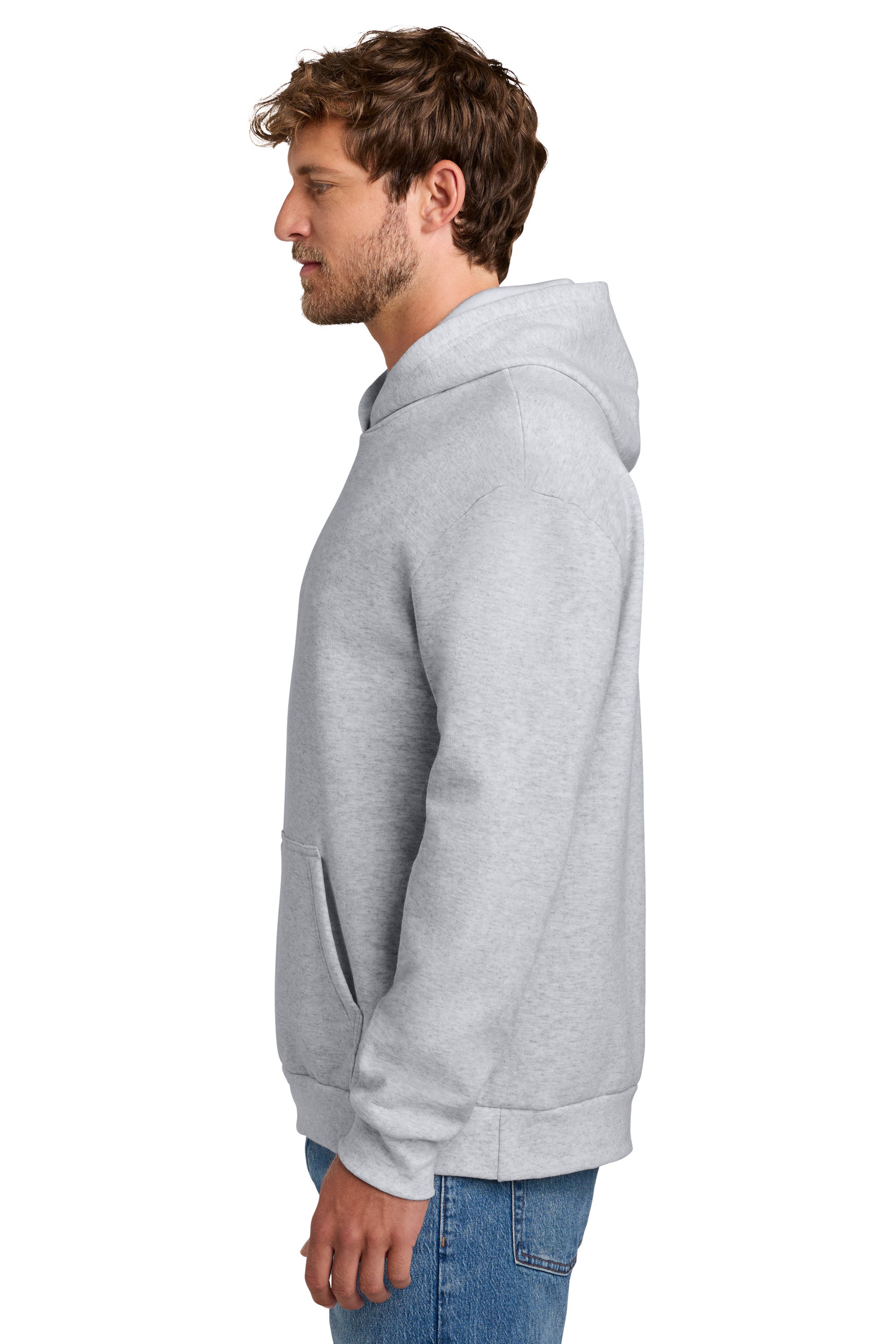 Port & Company PC68H Mens Easy Fleece Hooded Sweatshirt Hoodie w/ Pouch Pocket Ash Grey Model Side