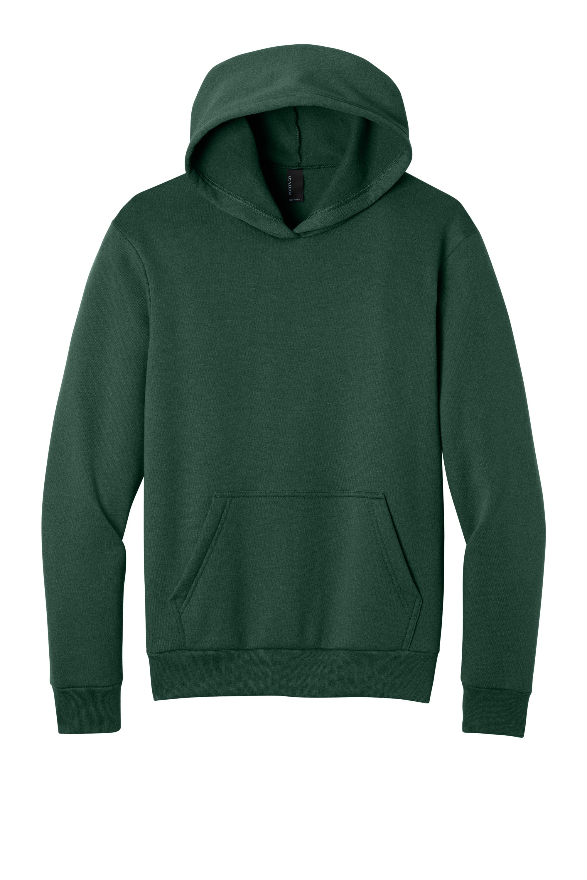 Port & Company PC68H Mens Easy Fleece Hooded Sweatshirt Hoodie w/ Pouch Pocket Dark Green Flat Front