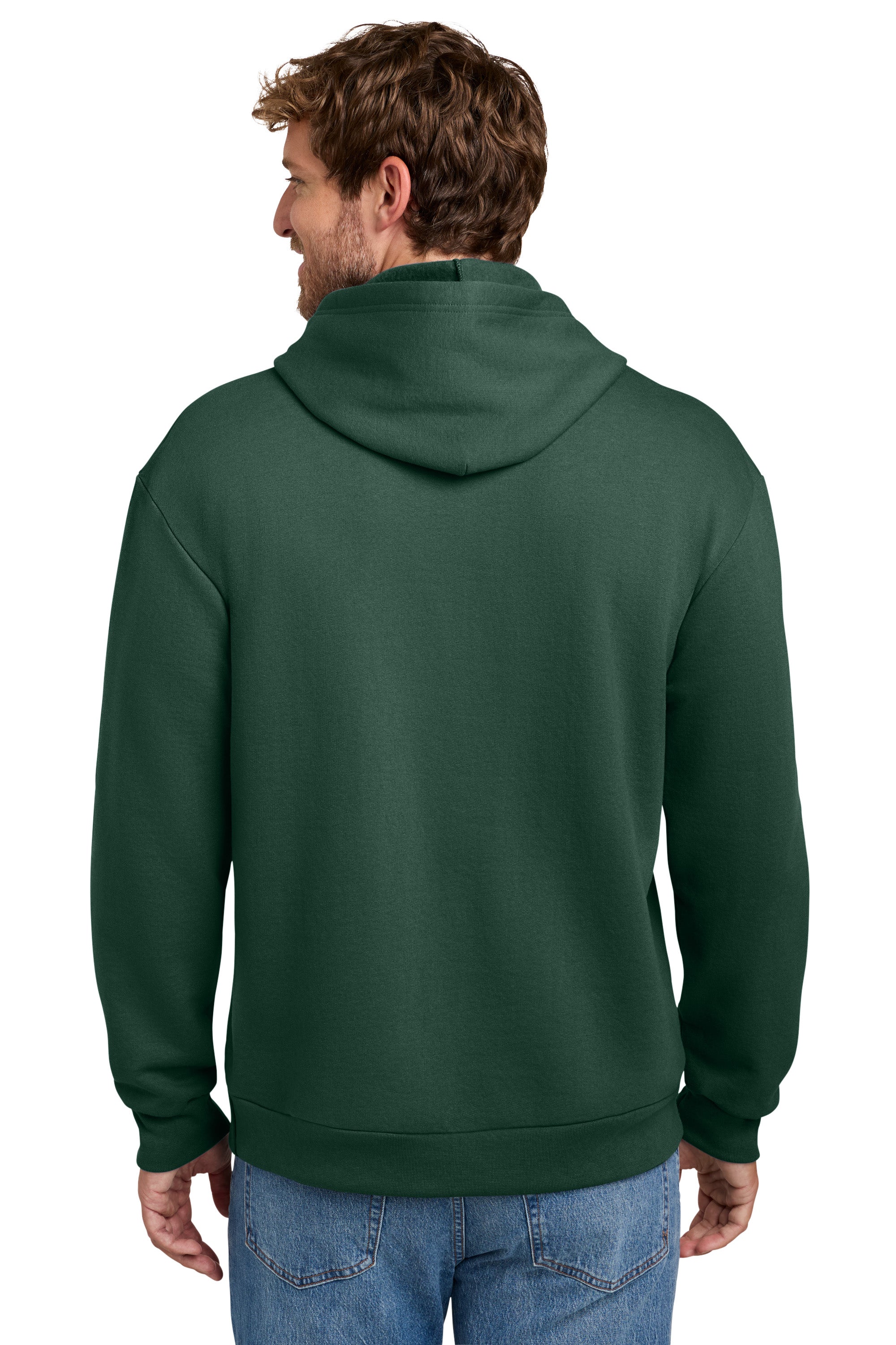 Port & Company PC68H Mens Easy Fleece Hooded Sweatshirt Hoodie w/ Pouch Pocket Dark Green Model Back