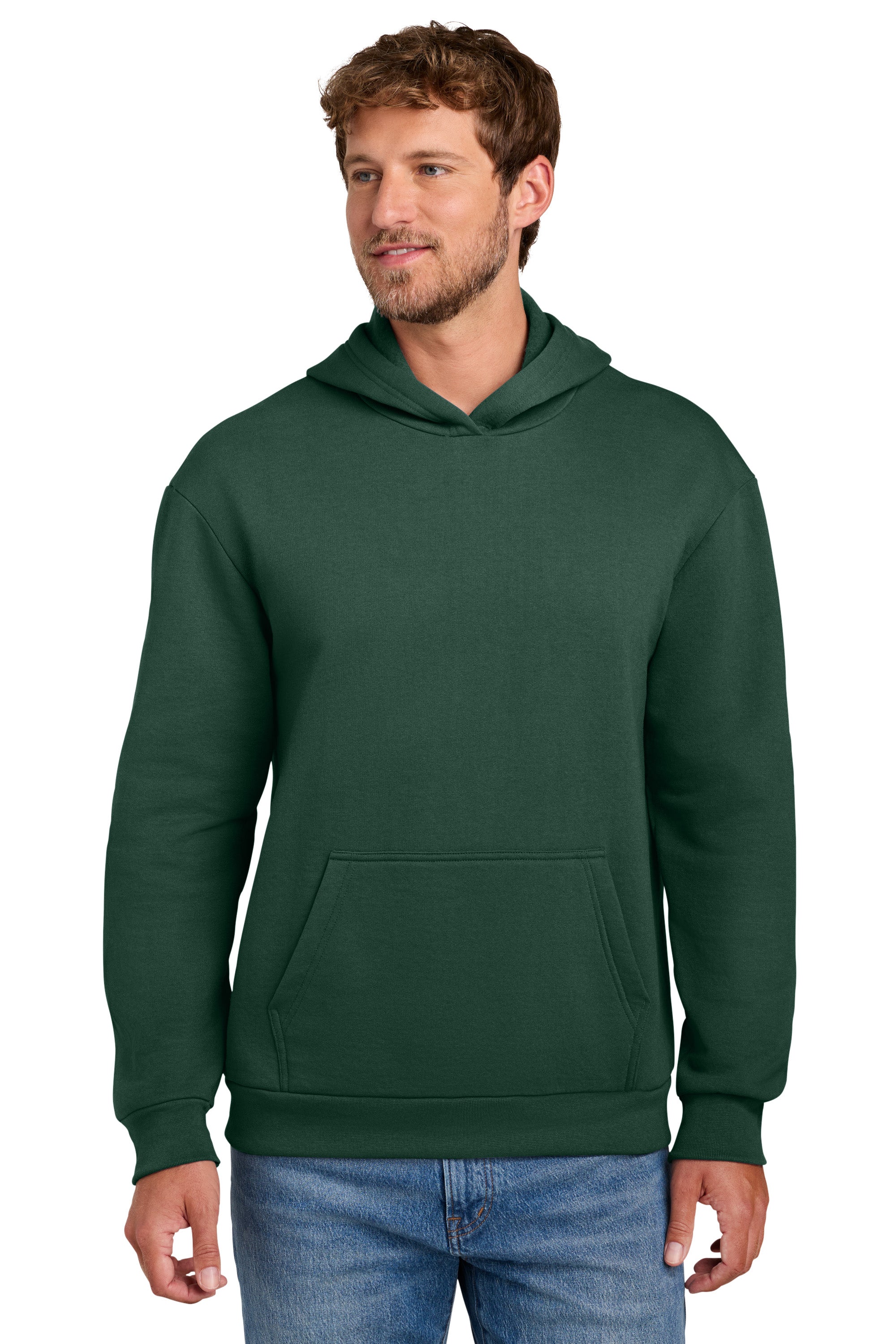Port & Company PC68H Mens Easy Fleece Hooded Sweatshirt Hoodie w/ Pouch Pocket Dark Green Model Front