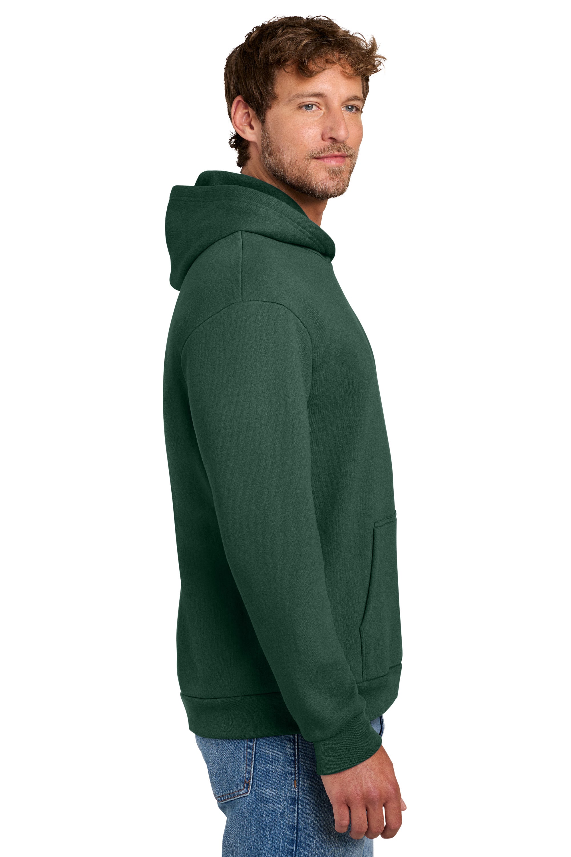 Port & Company PC68H Mens Easy Fleece Hooded Sweatshirt Hoodie w/ Pouch Pocket Dark Green Model Side
