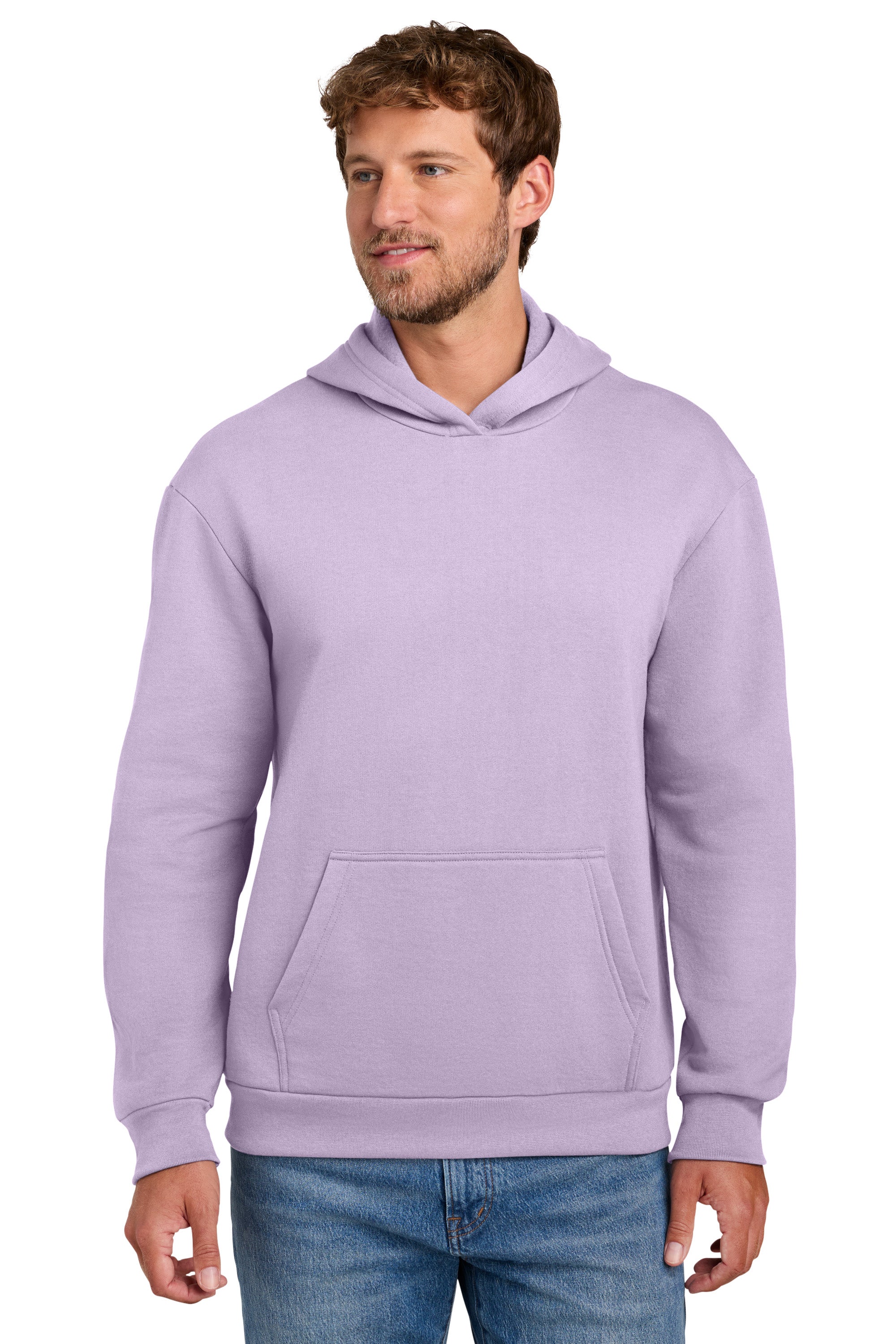 Port & Company PC68H Mens Easy Fleece Hooded Sweatshirt Hoodie w/ Pouch Pocket Lavender Purple Model Front
