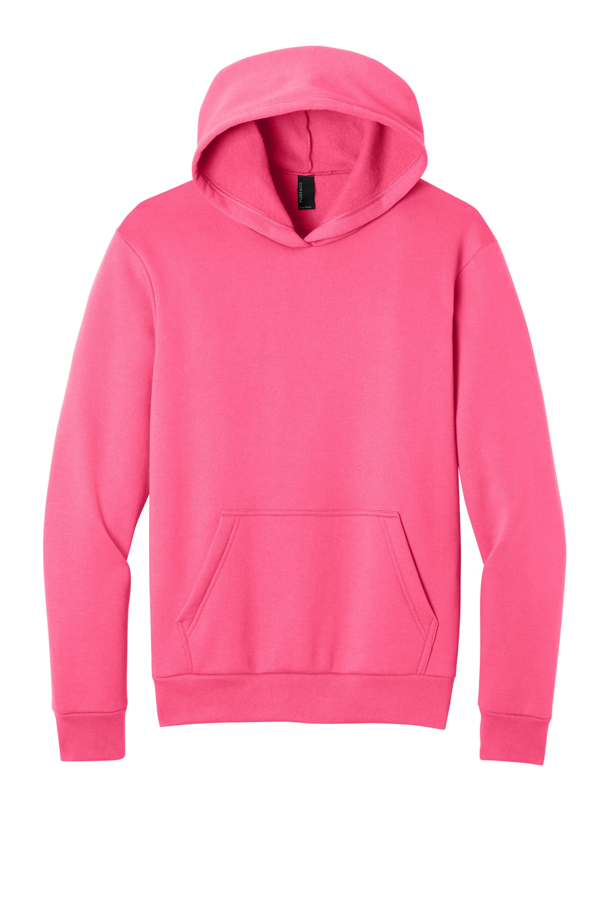 Port & Company PC68H Mens Easy Fleece Hooded Sweatshirt Hoodie w/ Pouch Pocket Neon Pink Flat Front