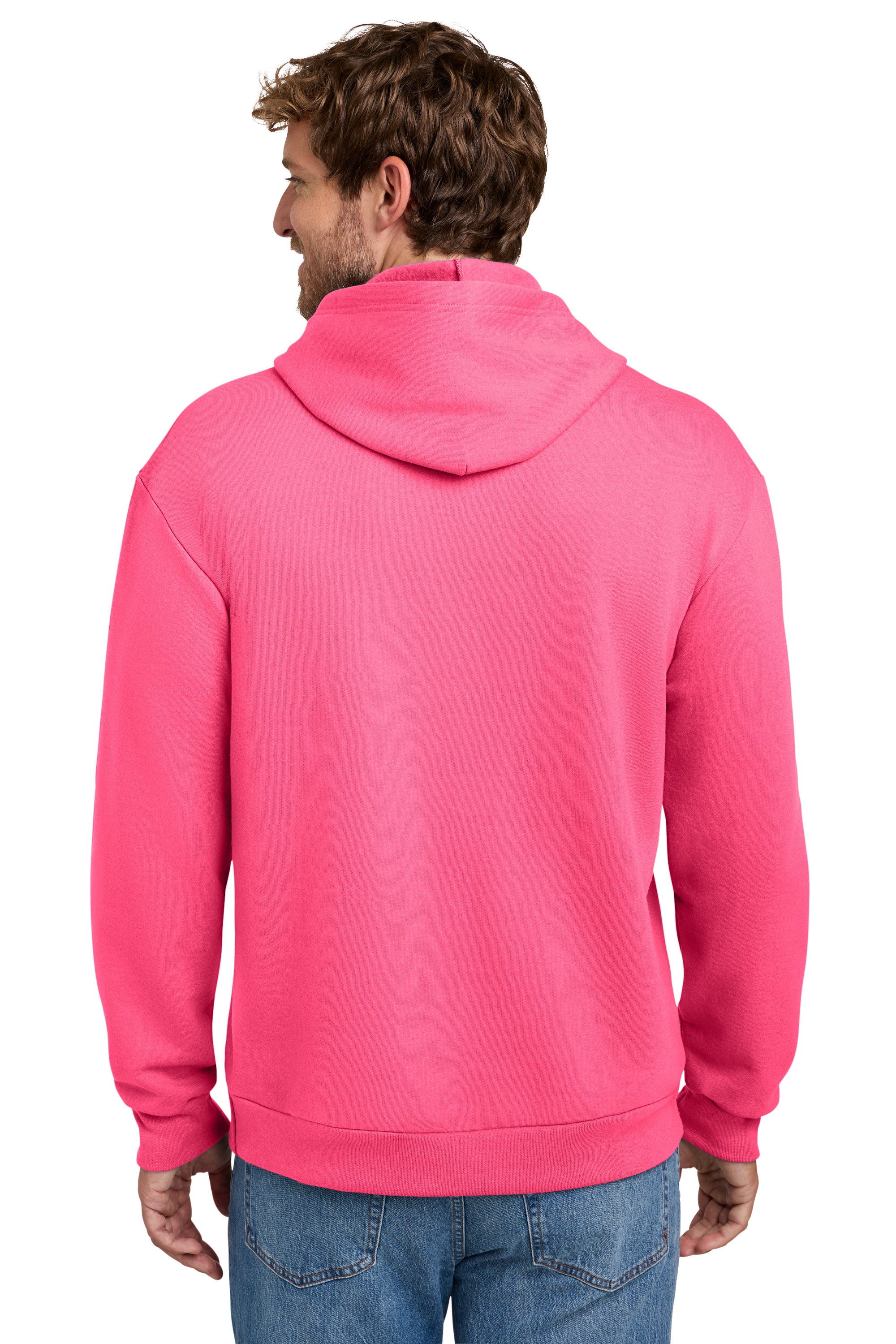 Port & Company PC68H Mens Easy Fleece Hooded Sweatshirt Hoodie w/ Pouch Pocket Neon Pink Model Back