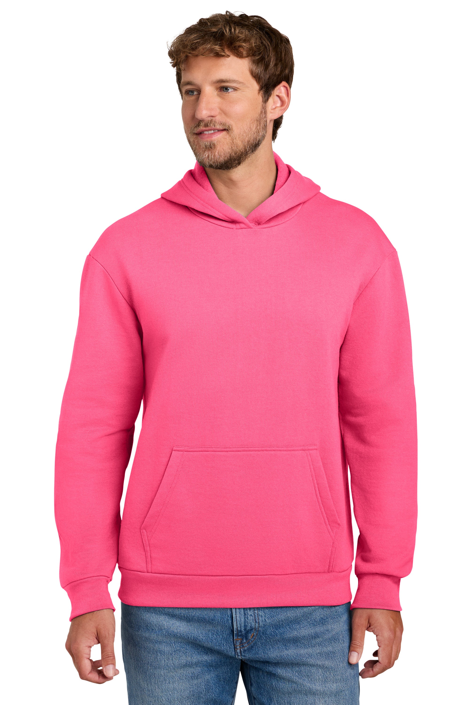 Port & Company PC68H Mens Easy Fleece Hooded Sweatshirt Hoodie w/ Pouch Pocket Neon Pink Model Front