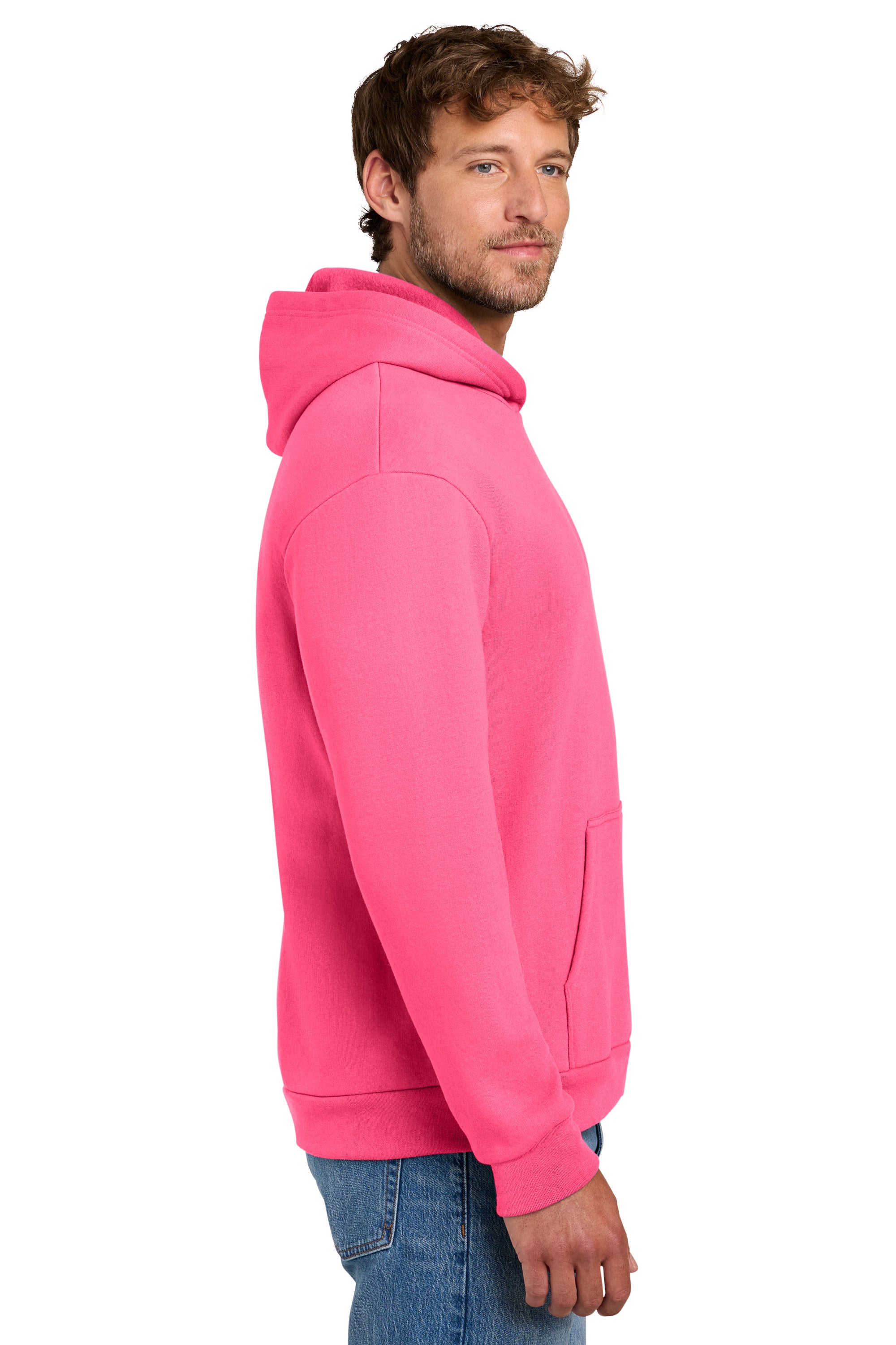 Port & Company PC68H Mens Easy Fleece Hooded Sweatshirt Hoodie w/ Pouch Pocket Neon Pink Model Side