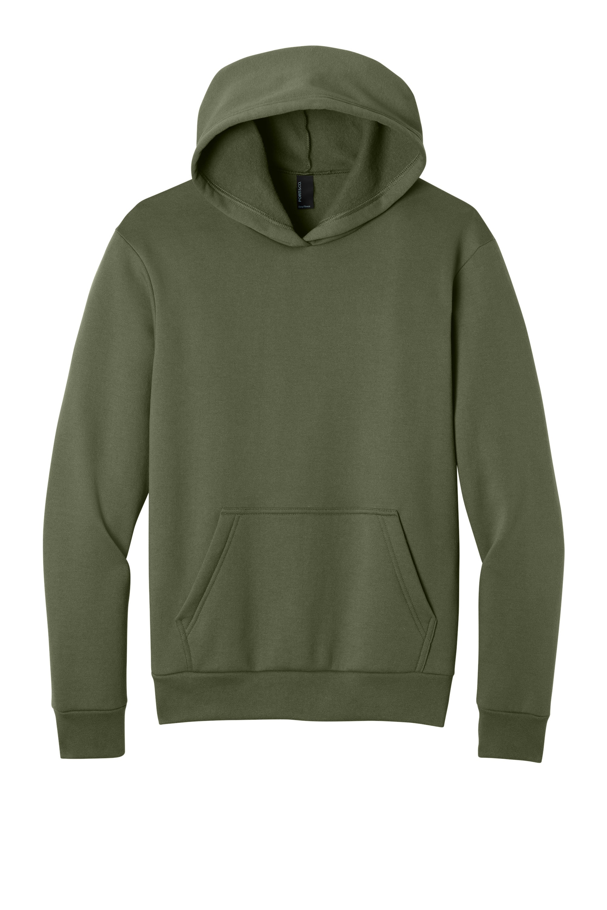 Port & Company PC68H Mens Easy Fleece Hooded Sweatshirt Hoodie w/ Pouch Pocket Olive Drab Green Flat Front
