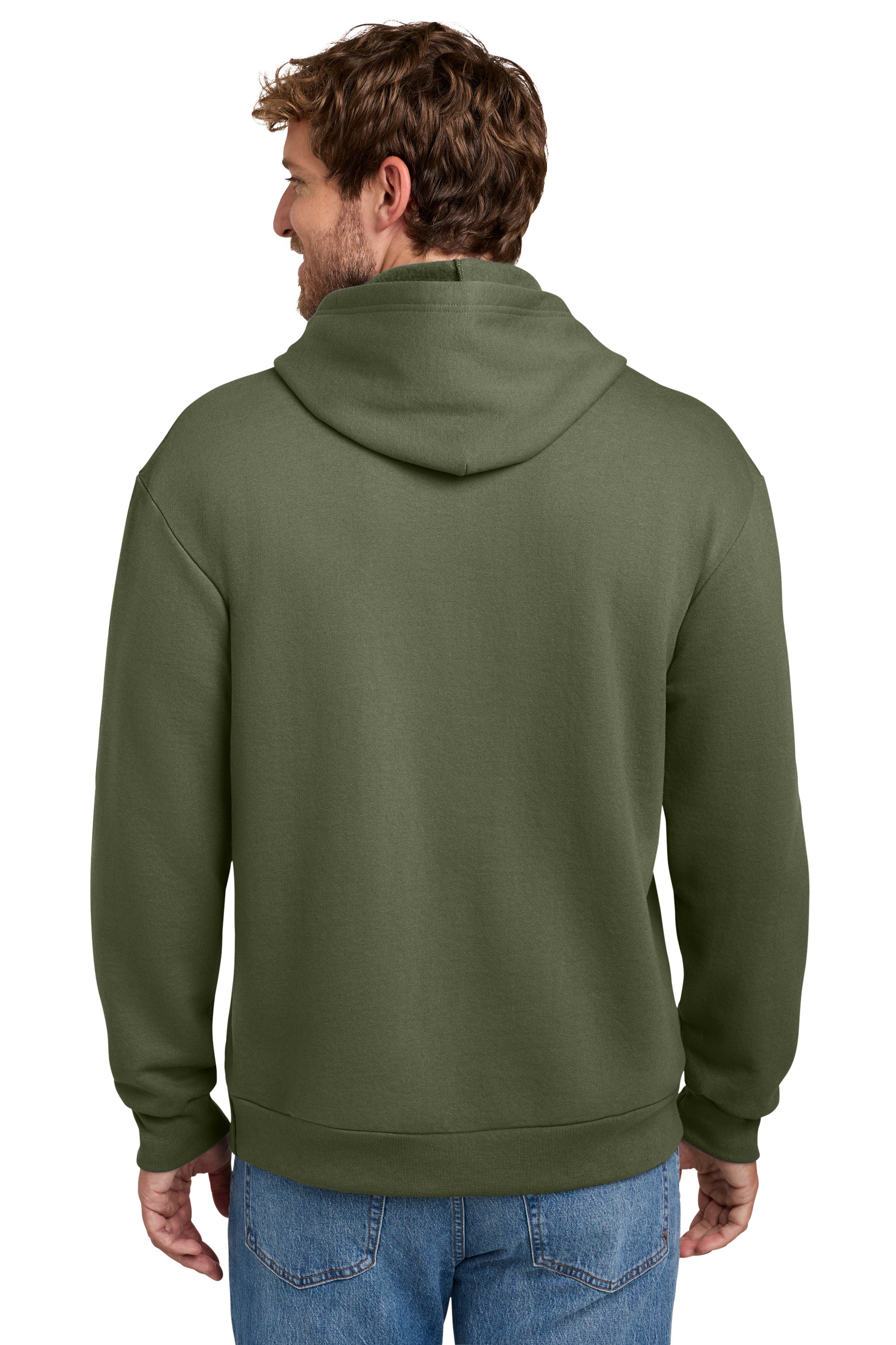 Port & Company PC68H Mens Easy Fleece Hooded Sweatshirt Hoodie w/ Pouch Pocket Olive Drab Green Model Back