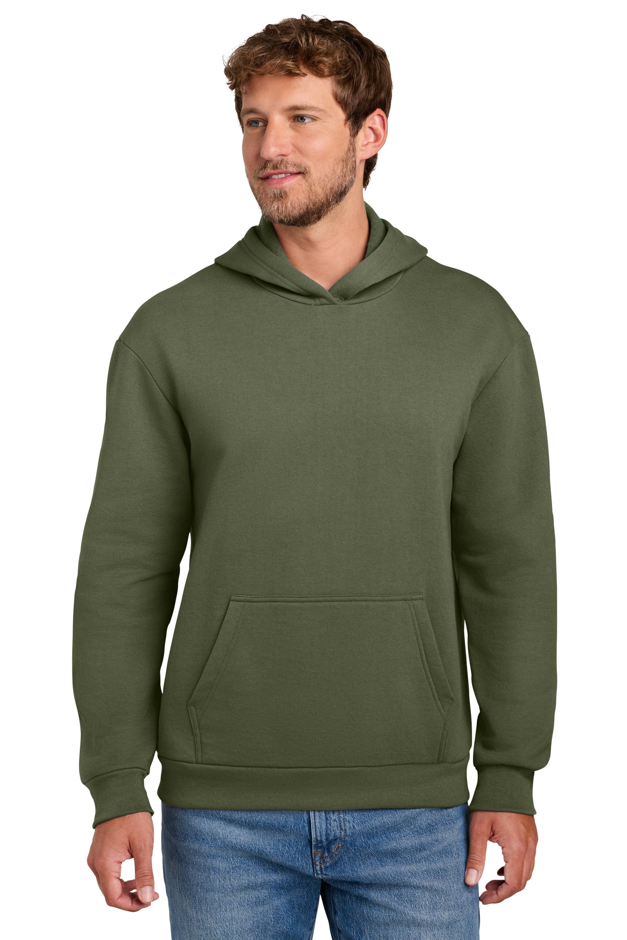 Port & Company PC68H Mens Easy Fleece Hooded Sweatshirt Hoodie w/ Pouch Pocket Olive Drab Green Model Front