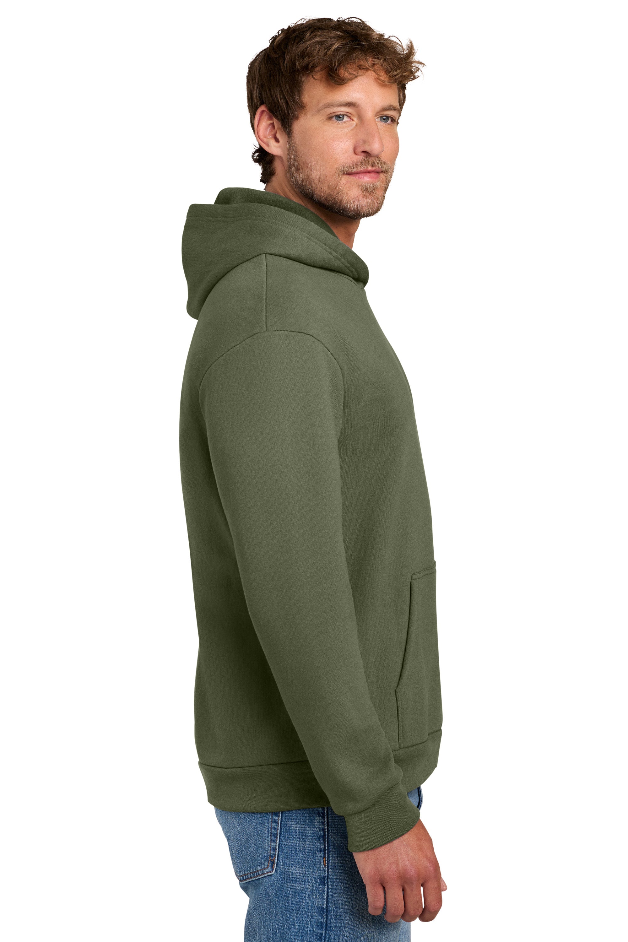 Port & Company PC68H Mens Easy Fleece Hooded Sweatshirt Hoodie w/ Pouch Pocket Olive Drab Green Model Side