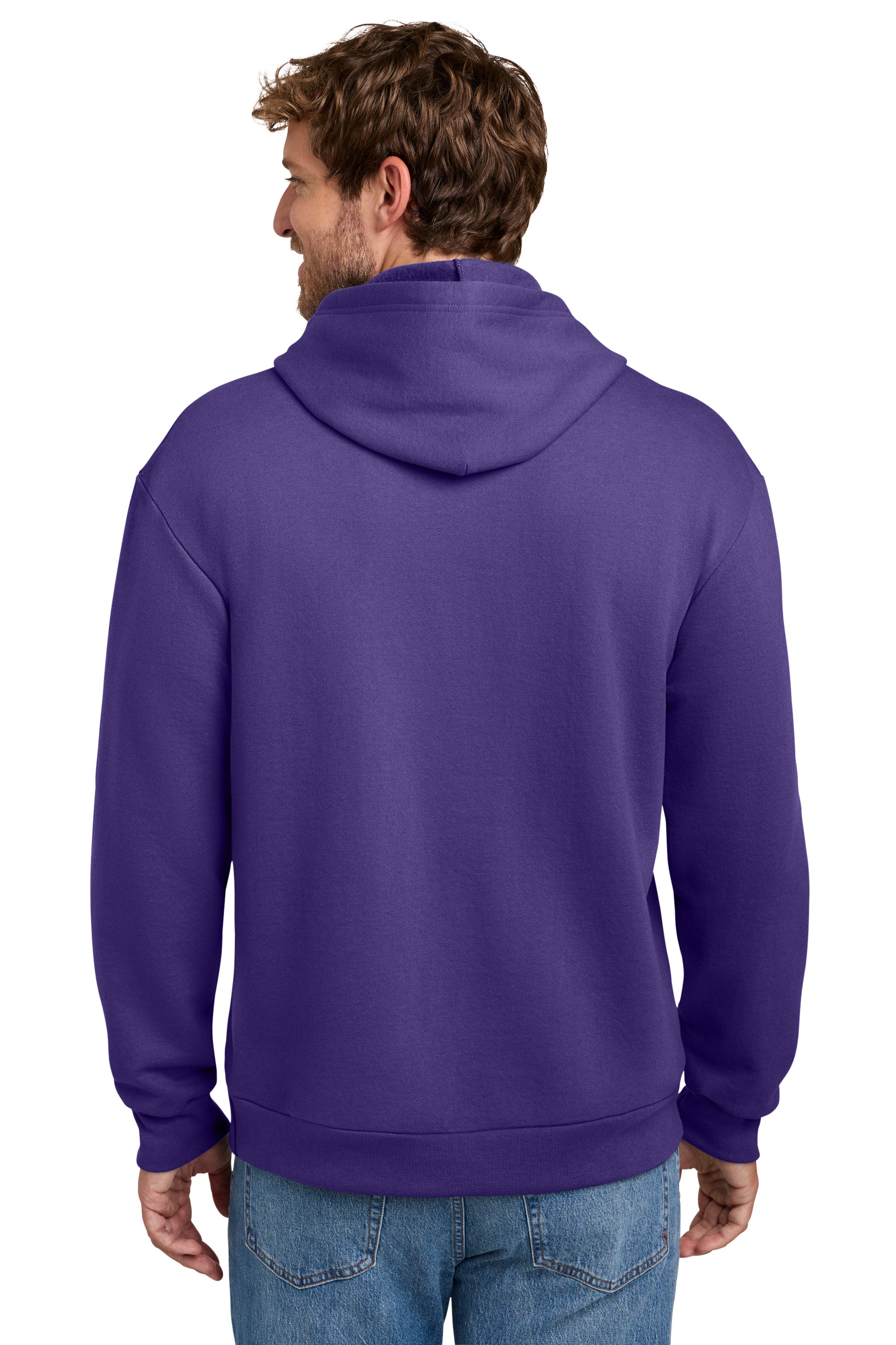 Port & Company PC68H Mens Easy Fleece Hooded Sweatshirt Hoodie w/ Pouch Pocket Team Purple Model Back
