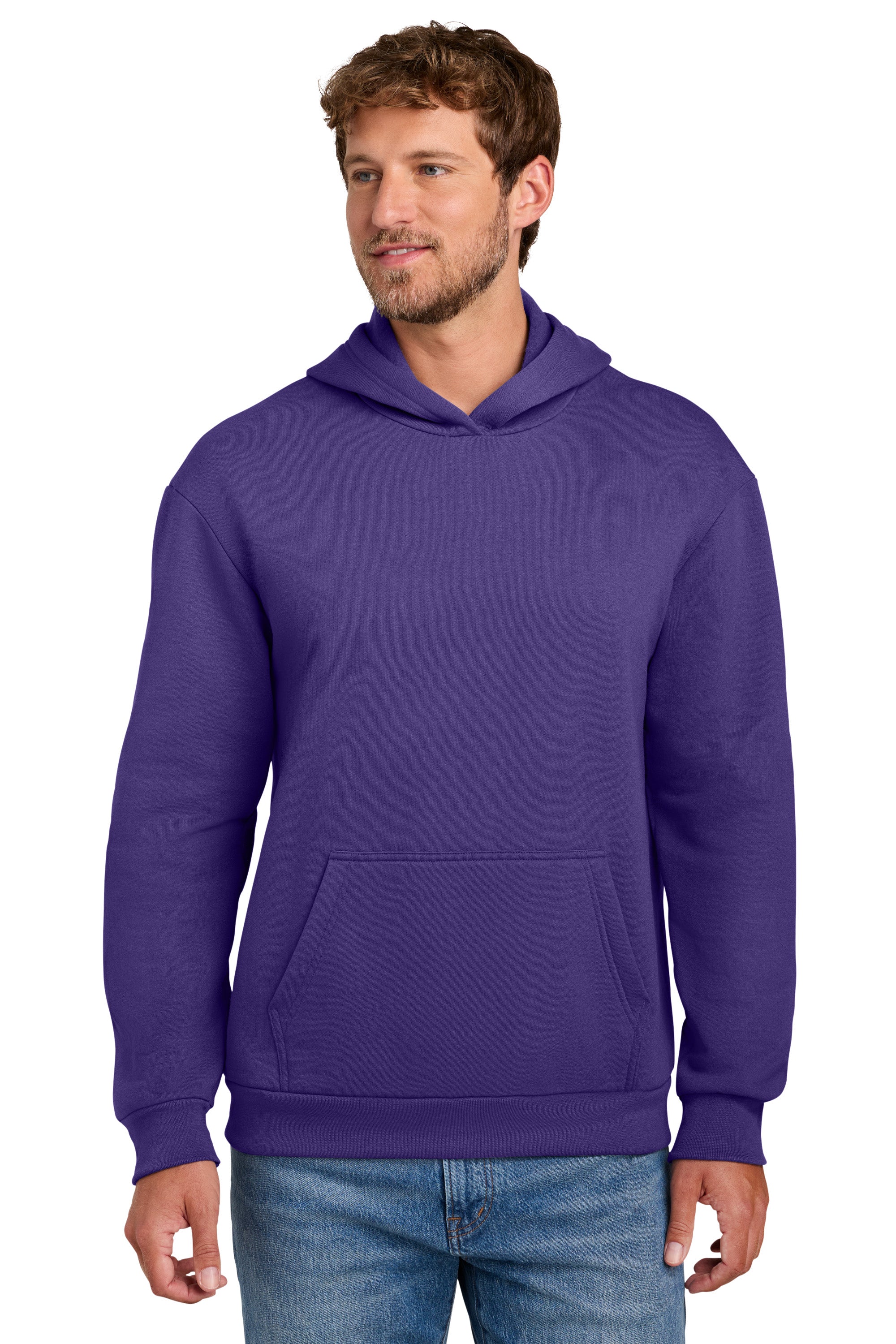 Port & Company PC68H Mens Easy Fleece Hooded Sweatshirt Hoodie w/ Pouch Pocket Team Purple Model Front