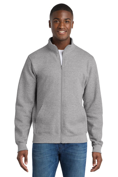 Port & Company PC78FZ Mens Core Fleece Full Zip Sweatshirt w/ Pockets Heather Grey Model Front