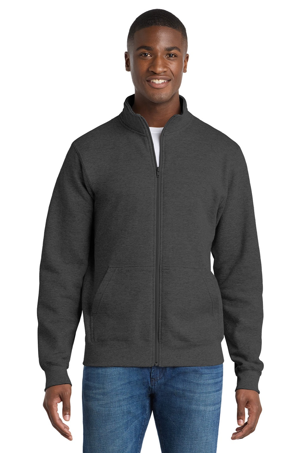 Port & Company PC78FZ Mens Core Fleece Full Zip Sweatshirt w/ Pockets Heather Dark Grey Model Front